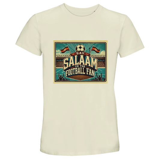 Say Salaam to the Football Fan Design #7 unisex cotton T-shirt in Natural / Moon Mist / Satin Linen / Beige, printed with a retro football crowd illustration and classic Salaam message. Crafted from 100% cotton using 50% recycled cotton, this affordable short-sleeve crew neck tee offers a durable, soft, natural feel ideal for warm days, layering, or everyday modest wear. Popular with Muslim football fans, kids, and adults who prefer neutral tones, it works for school, travel, and match viewing.