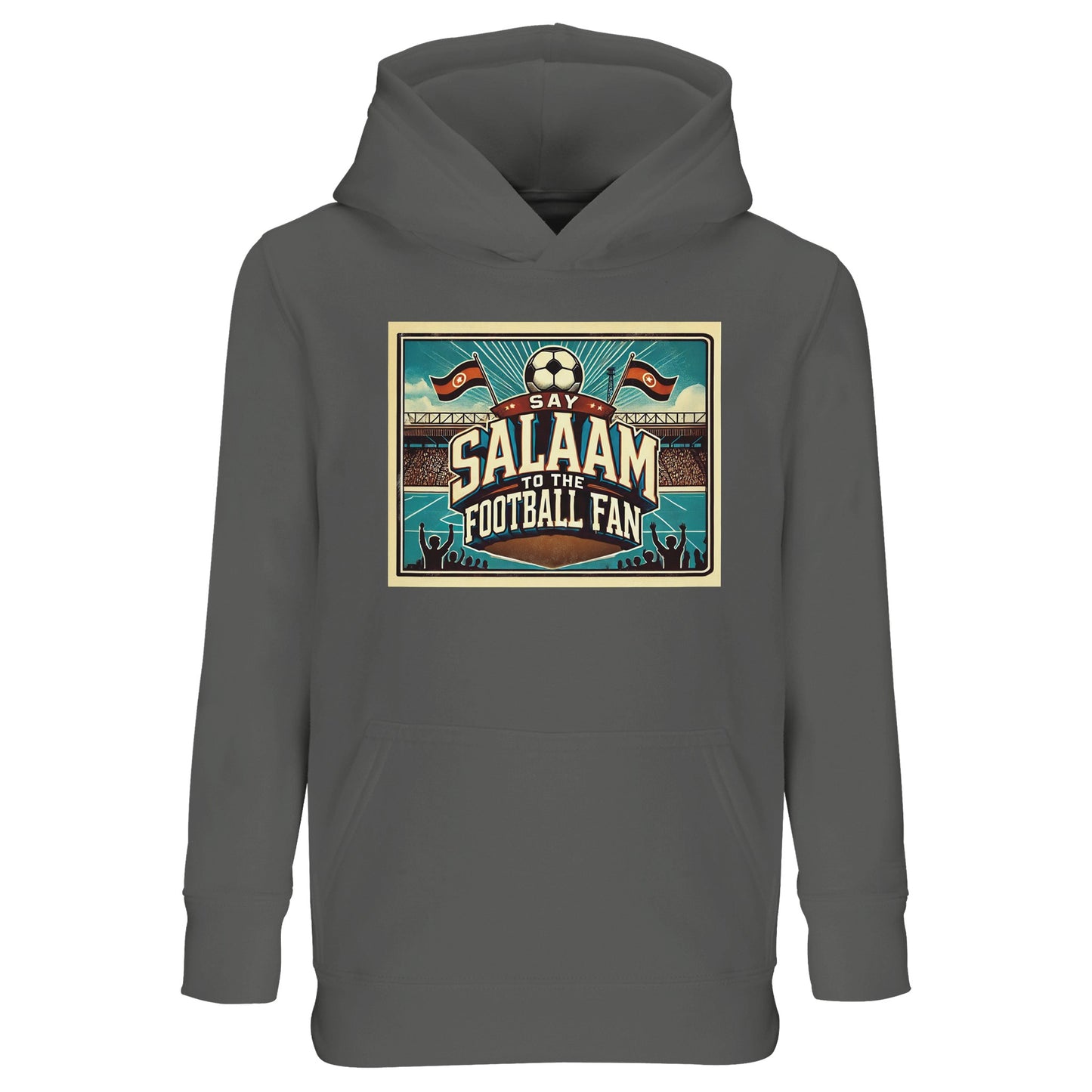 Grey Melange / Heather Grey / Marl Grey / Classic Athletic Grey Blend kids hoodie showcasing Say Salaam to the Football Fan Design #7 with stadium artwork, bold text and cheering crowd silhouettes. Crafted from a cotton and recycled polyester mix with brushed fleece interior, this hooded humper is designed for comfort and resilience. Suitable for everyday wear or football outings, it offers modest coverage, easy care and a well-priced option for young football fans who value both style and meaning.