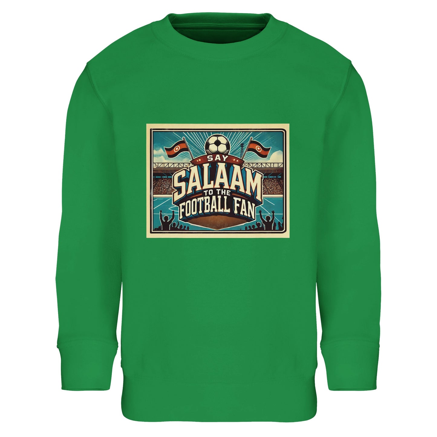 Say Salaam to the Football Fan Design #7 kids sweatshirt in Kelly Green / Spring Green / Sea Green / Eucalyptus, inspired by pitch-side colour and classic football stadium scenes. Made from a cotton and recycled polyester blend, this cosy sweatshirt suits school, casual wear and watching football at home. A modest, affordable football sweatshirt for boys and girls aged 4–14, combining durable comfort with well-priced fan style.