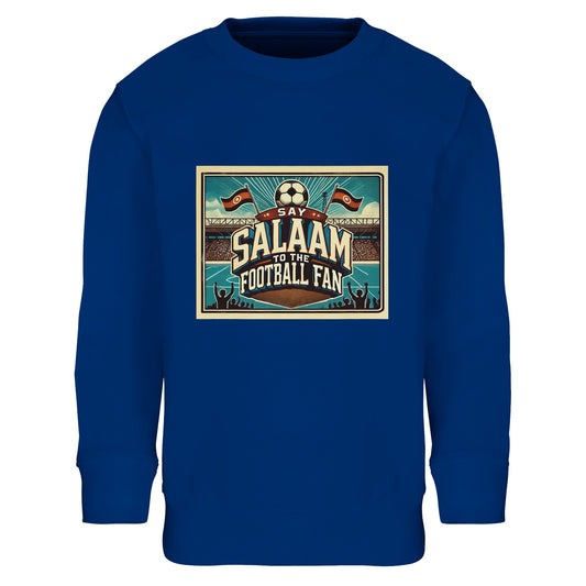 Say Salaam to the Football Fan Design #7 kids sweatshirt in Royal Blue / Dark Midnight Blue, featuring a detailed stadium-inspired football graphic with crowd scenes and classic match-day energy. Made from a soft cotton and recycled polyester blend, this sweatshirt works for school, weekend wear and watching live football. A modest, affordable football sweatshirt for boys and girls aged 4–14, combining everyday comfort, durability and well-priced fanwear rooted in Muslim culture.