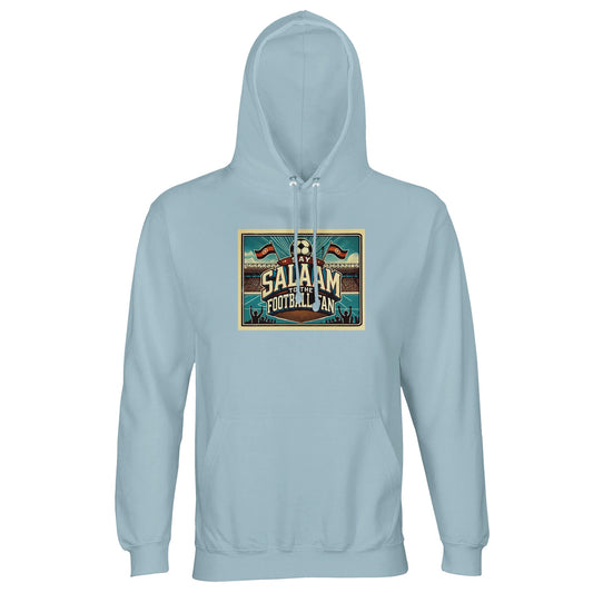 Pool Blue / Light Sea Green Say Salaam to the Football Fan Design #7 hoodie features a soft blue-green hue inspired by coastal tones and classic football terraces. Crafted from a breathable cotton-poly blend, this unisex hoodie suits adults seeking modest Muslim wear with a relaxed, modern feel. Ideal for casual match viewing, daily errands, or travel, it offers comfort without bulk. An affordable football hoodie that pairs easily with neutral outfits while keeping supporter identity visible.