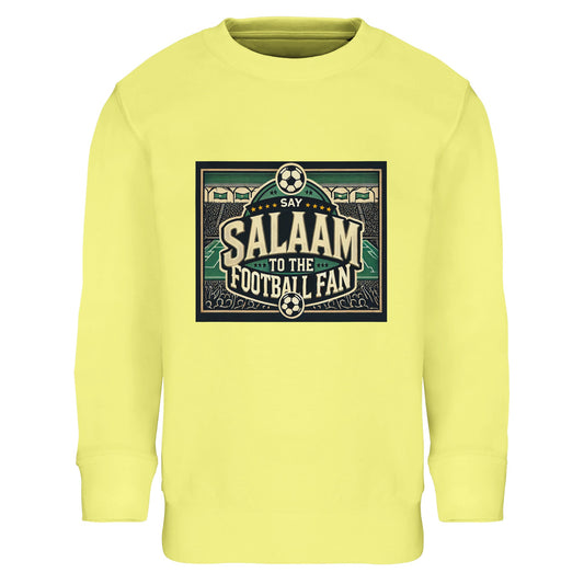 Say Salaam to the Football Fan Design #8 kids sweatshirt – Light Yellow / Lemon Chiffon featuring vintage-inspired lettering set among football illustrations, stadium crowds and pitch details. The soft yellow shade brings a cheerful feel while keeping the design rooted in football culture. Designed for ages four to fourteen, perfect for daytime wear, school, casual outings or relaxed matchdays. An affordably-priced, bright football jumper that carries warmth, joy and Salaam.
