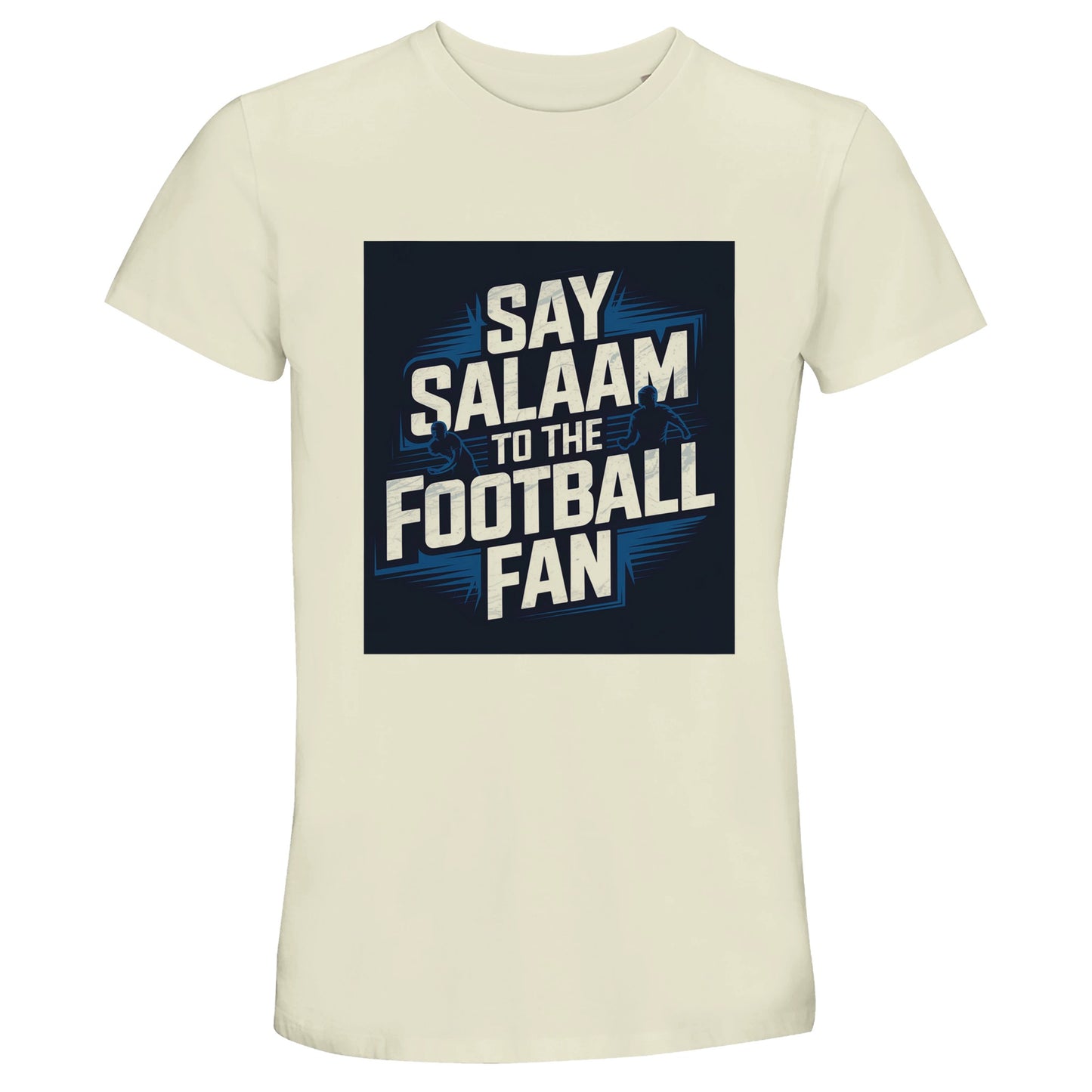 Say Salaam to the Football Fan Design #9 unisex T-shirt in Natural / Moon Mist / Satin Linen / Beige, showcasing bold block text graphics layered with footballer silhouettes that capture movement and energy. Made for adult football supporters, this recycled cotton T-shirt works as modest Muslim wear and relaxed street style, ideal for watching matches at home, travelling to games, casual weekends, or everyday layering. Available in adult sizes XS to 4XL, this is a comfortable, well-priced option for fans.