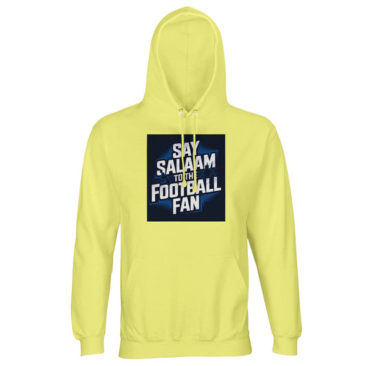 Light Yellow / Lemon Chiffon Say Salaam to the Football Fan hoodie for men and women, soft cotton-poly construction with clear stadium football design. Made for modest Muslim wear and adult casual fashion, suitable for layering, home viewing, or travel. Unisex sizing from XS, Small, Large, XL, 2XL, 3XL, 4XL, 5XL. A practical football hooded pullover for fans following teams, leagues, and FC news, shopping for affordable fanwear, or gifting supporters who enjoy lighter colours and saying Salaam in style.