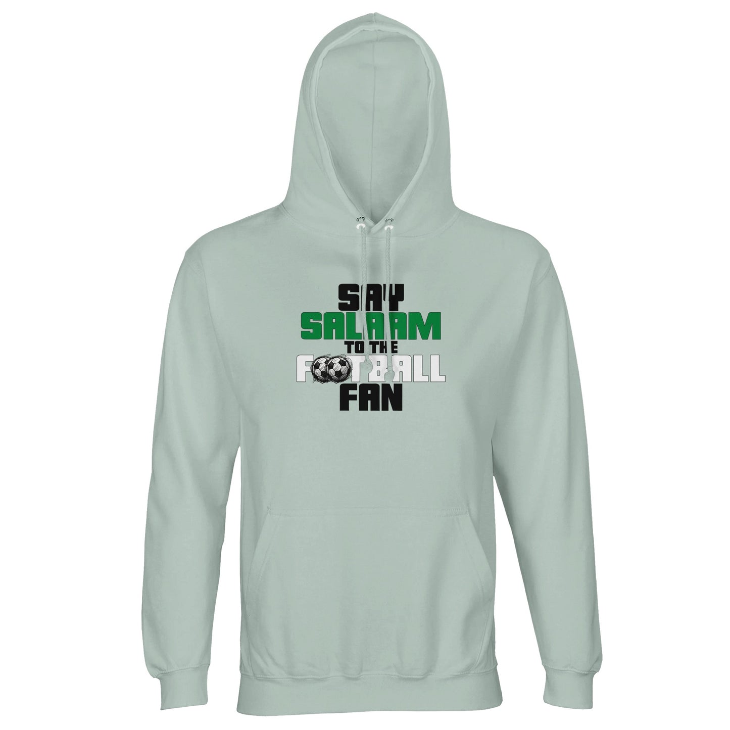Say Salaam to the Football Fan Original Part-Recycled Unisex Hoodie – Creamy Green / Greenish Grey featuring bold, text-based design in Black, La Salle Green and White with sketched balls. A faith-friendly football hoodie for those repping Arsenal, Chelsea, NUFC, Celtic or Liverpool – or waving flags for England, Brazil, Argentina or Portugal. Hoodie football, jumper with hood, sweats or mens hoodie – perfect between khutbah and kick-off. It’s the Beautiful Game Ronaldo plays and the match you stream.