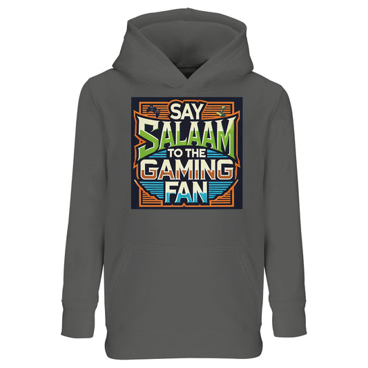 Grey Melange / Heather Grey / Marl Grey Say Salaam to the Gaming Fan Design #1 kids hoodie featuring the colourful controller illustration framed by geometric lines and bold Salaam text. This long-sleeved hooded top bridges gaming lifestyle and Muslim identity, ideal for youngsters who move between school days and evening online sessions on PlayStation or XBox. A versatile modest wear option within Muslim clothing collections that celebrates gamers and faith together.