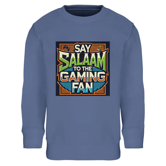 Blue / Marble Blue / Blue-Grey / Waikawa Grey youngsters’ sweatshirt displaying the Say Salaam to the Gaming Fan artwork in a colourful retro console panel with vintage arcade typography. A brushed fleece cotton-poly blend top for children balancing school days with online multiplayer battles and esports dreams. Comfortable, modest streetwear for boys and girls who greet teammates with Salaam before jumping into competitive gaming sessions.