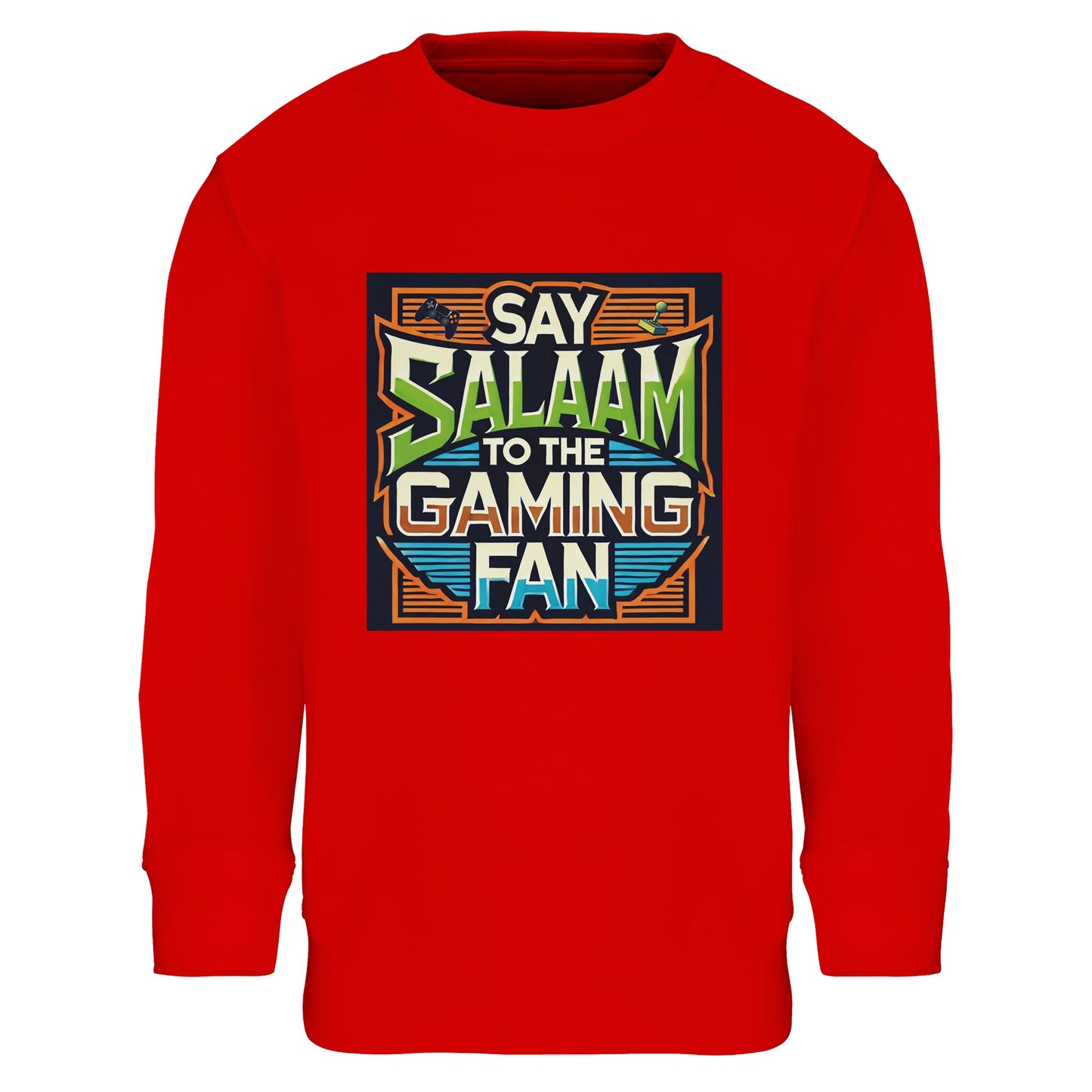 Bright Red / Rosso Corsa children’s sweatshirt featuring the Say Salaam to the Gaming Fan design in a striking retro arcade frame with vintage typography. A warm brushed fleece cotton-poly blend long-sleeve top for Muslim youngsters who love fast-paced multiplayer, esports battles and weekend FIFA sessions. A bold, modest sweatshirt or jumper for boys and girls who carry the greeting of peace into gaming rooms, online lobbies and digital competitions, at a good price.