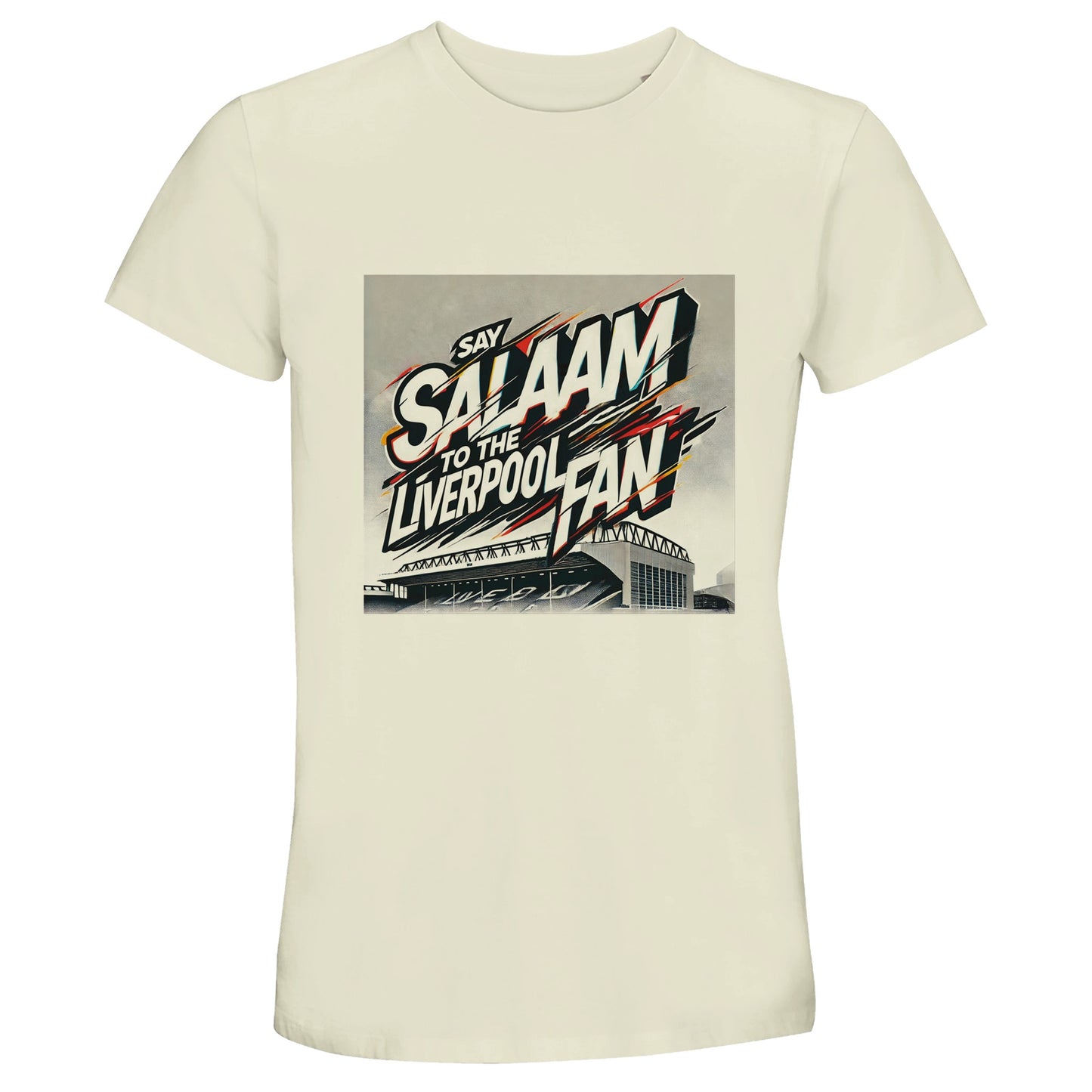 Say Salaam to the Liverpool Fan Design #2 50% Recycled Unisex Cotton T-Shirt – Natural / Moon Mist featuring graffiti-style typography above Anfield’s skyline in white, red, and gold. The soft neutral shade evokes warmth and heritage, perfect for weekend matches or quiet evenings streaming the game. Crafted from mixed cotton, this tee blends sustainability and comfort for global Liverpool fans expressing peace, pride, and devotion in everyday wear.