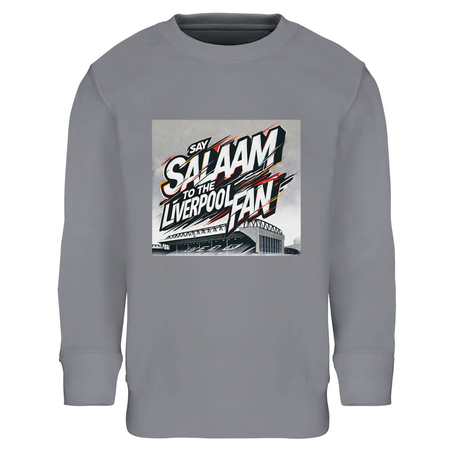 Say Salaam to the Liverpool Fan Design #2 Part-Recycled Cotton-Poly Kids Sweatshirt – Grey Melange / Stadium Ash featuring stylised graffiti text across an etched Anfield stadium scene. The layered white and red strokes bring street-art realism to football culture. Made from soft, planet-friendly brushed cotton-poly fleece, it combines comfort with conscience. A standout Liverpool kids’ sweatshirt for fans who know that Salaam means both peace and pride in every goal.