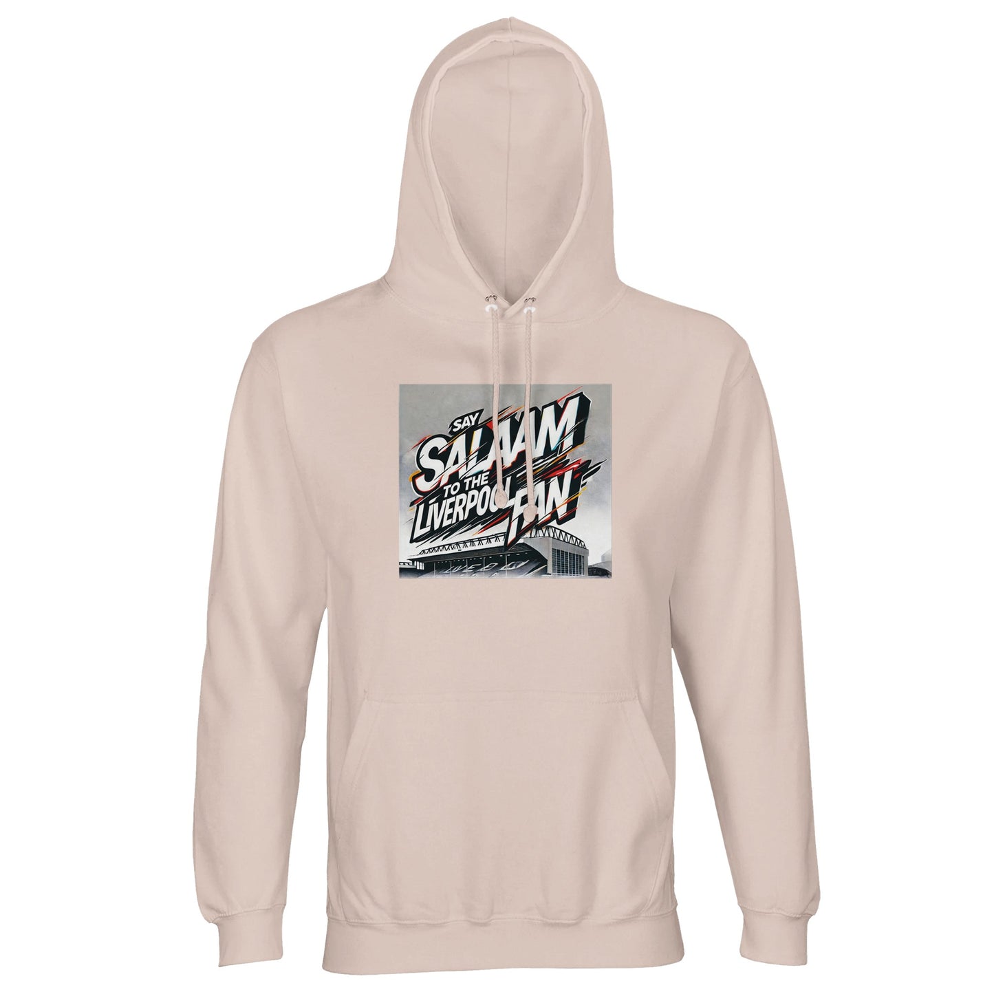 Say Salaam to the Liverpool Fan Design #2 Part-Recycled Unisex Cotton-Poly Hoodie – Creamy Pink / Oyster Pink featuring graffiti-style text across an illustrated Anfield in red, gold, and white. Soft in tone but bold in spirit, it captures peace and pride in one brushstroke. Made from brushed cotton-poly fleece, this pullover suits Liverpool fans who prefer gentle colour, faith-friendly fashion, and affordable comfort inspired by both deen and team.