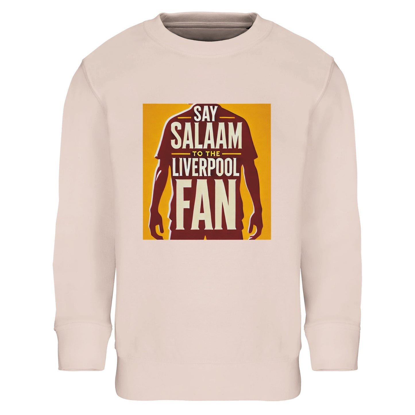 Say Salaam to the Liverpool Fan Design #3 Kids Sweatshirt – Creamy Pink / Soft Blush featuring a deep red silhouette outlined within a golden background. Crafted from a cosy part-recycled cotton blend, this sweatshirt captures the calm confidence that defines Salah — on the pitch and in faith. A comfortable, modest piece for young Muslim football fans who wear their Salaam proudly, echoing Liverpool’s anthem and Salah’s quiet power in one meaningful design.