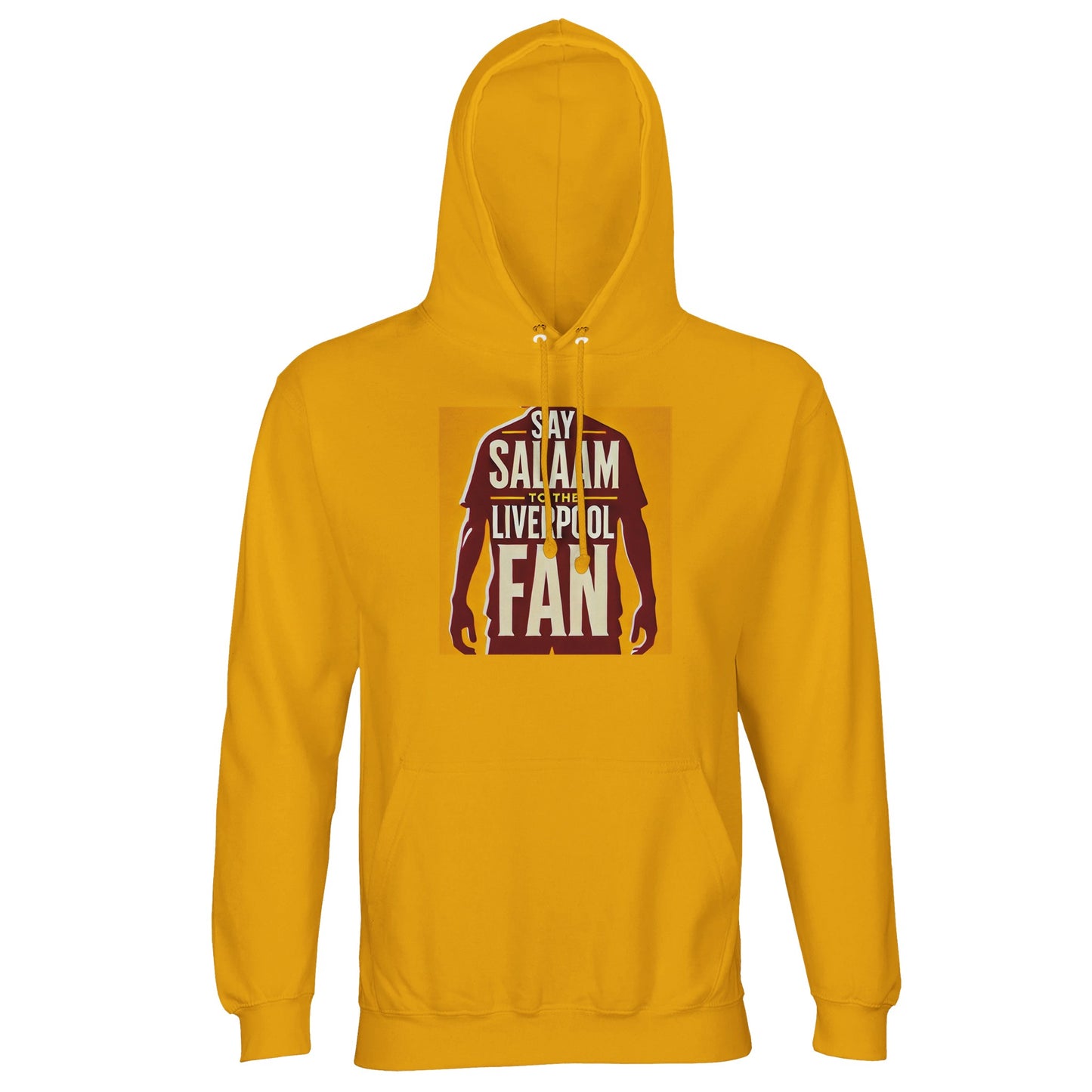Say Salaam to the Liverpool Fan Design #3 Part-Recycled Unisex Cotton-Poly Hoodie – Gold / Victory Amber featuring red lettering and a bold footballer silhouette framed within a minimalist square. Crafted from 80% cotton and 20% recycled polyester, it’s an eco-friendly emblem of Liverpool’s energy and global community. For Muslim and multicultural fans alike, this hoodie symbolises connection — blending faith, passion, and pride in one universal language: Salaam.