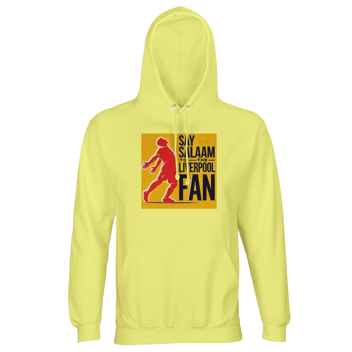 Say Salaam to the Liverpool Fan Design #5 Part-Recycled Unisex Cotton-Poly Hoodie – Light Yellow / Amber Sky featuring a red graphic of Mo Salah, arms stretched in his iconic celebration, set against black lettering and a gold backdrop. Soft brushed fleece keeps this hoodie warm, durable, and versatile — just like the spirit of the fans who wear it. For Muslim supporters inspired by Salah’s Sujood and Liverpool’s passion, this is faith, football, and culture stitched together.