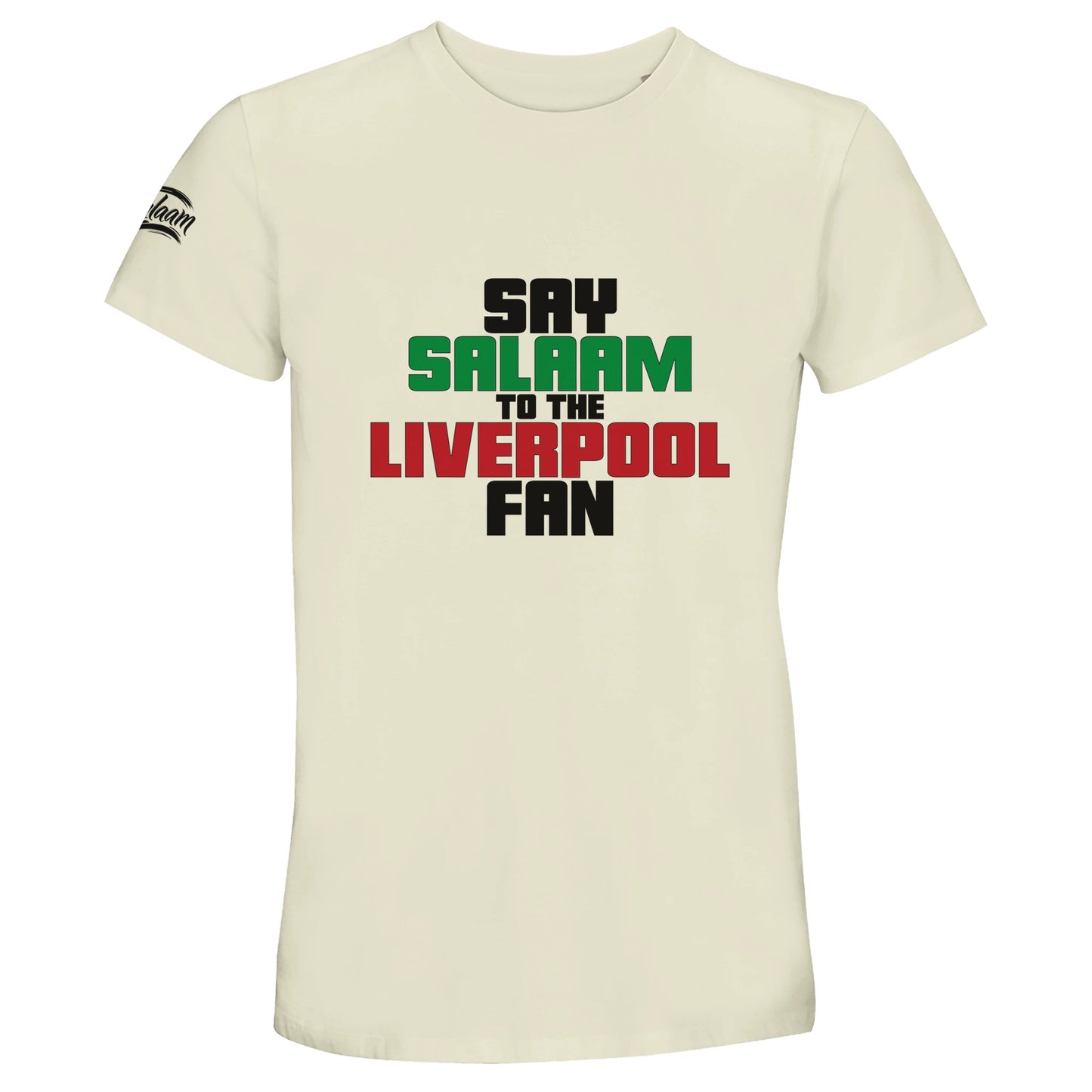Say Salaam to the Liverpool Fan Original Recycled Unisex Cotton T-Shirt. Natural / Moon Mist / Satin Linen shirt featuring bold, text-based design in Black, La Salle Green and Brown Red. Whether you're looking for Anfield match tickets, staying updated on Mo Salah’s stats and contract news, this celebrates the Reds – your 2019 Champions League winners and six-time European Cup holders. For Liverpool FC supporters, including those in the Supporters Club or following prayer times at mosques like Al Rahma.