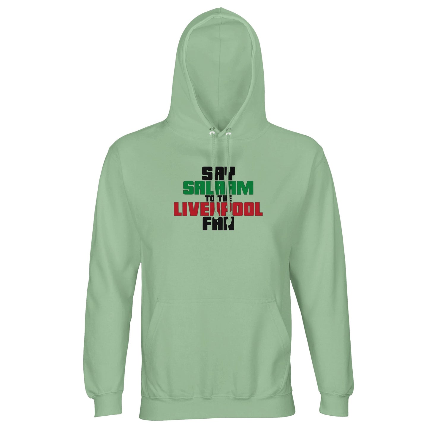 Say Salaam to the Liverpool Fan Original Part-Recycled Unisex Cotton-Poly Adults Hoodie – Creamy Green / Greenish Grey featuring bold, text-based design in Black, La Salle Green and Brown Red. Whether looking for Liverpool match tickets for Anfield, checking on Mo Salah’s stats and contract news, this celebrates the Reds – 2019 Champions League winners and six-time European Cup holders. For Liverpool FC supporters, including those in the Supporters Club or following prayer times at mosques like Al Rahma.