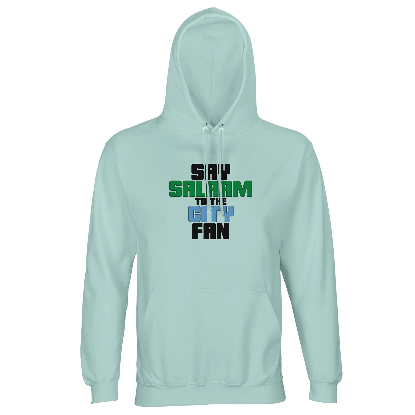 Say Salaam to the Manchester City Fan Original Part Recycled Poly-Cotton Hoodie. Frozen Green / Opal hooded top featuring bold, text-based design in Black, La Salle Green, and then Sky Blue - reflecting Man City’s colours. A fusion of football passion, faith, and sustainable fashion for supporters of Pep Guardiola's 2024 Premier League champions.