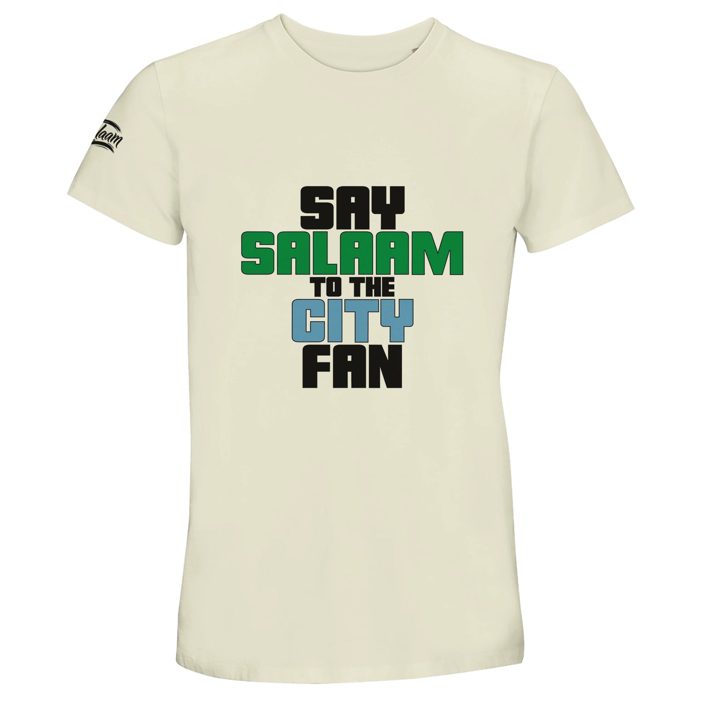 Say Salaam to the Manchester City Fan Original Recycled Unisex Cotton T-Shirt. Natural / Moon Mist / Satin Linen t-shirt featuring bold, text-based design in Black, La Salle Green, and then Sky Blue - reflecting Man City’s colours. A fusion of football passion, faith, and sustainable fashion for supporters of Pep Guardiola's 2024 Premier League champions.