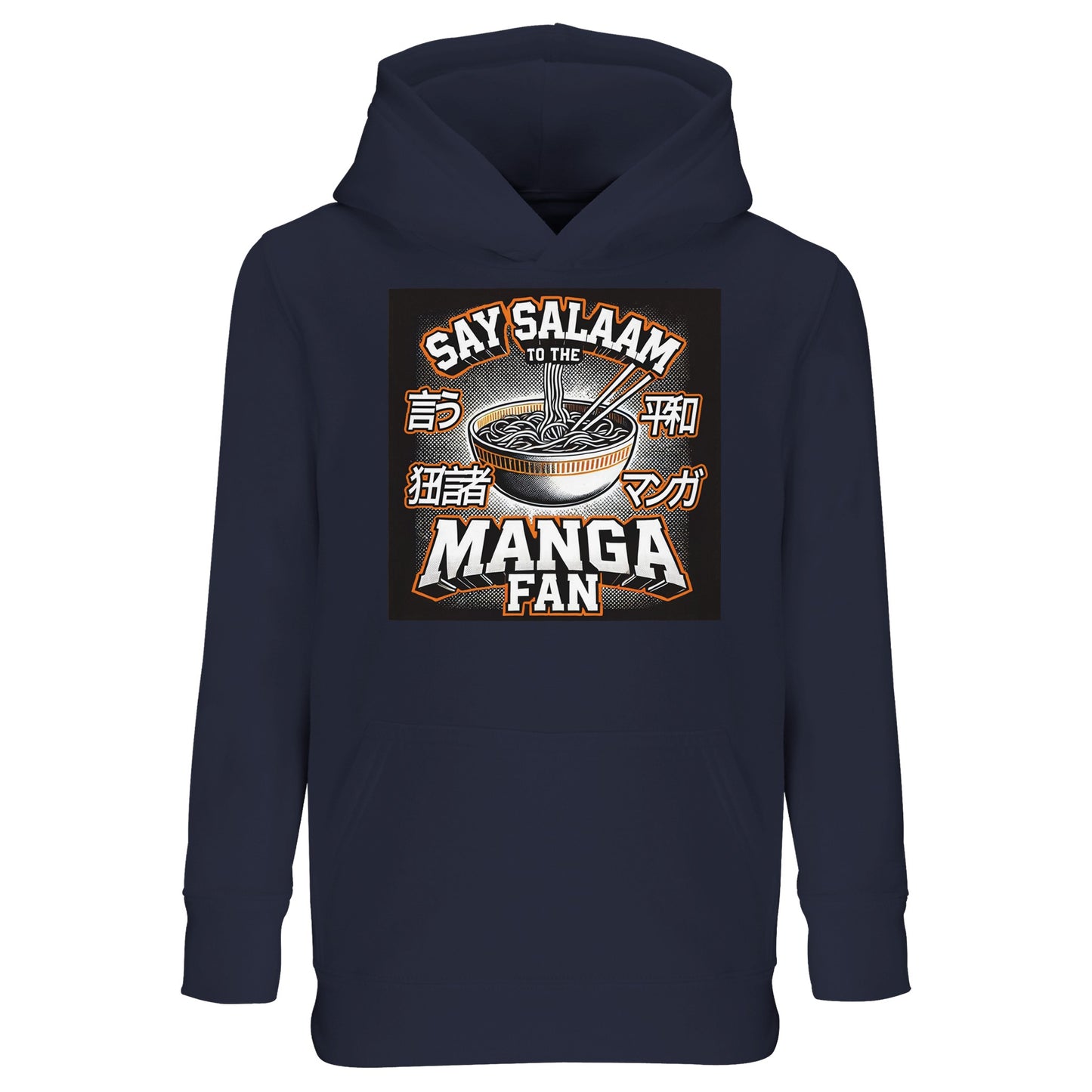 Say Salaam to the Manga Fan Design #1 Part-Recycled Cotton-Poly Kids Hoodie – French Navy / Indigo Clay featuring ramen, chopsticks, and bold manga-style typography. A warm, modest hoodie for Muslim kids who draw panels, read shonen stories, or stream anime between homework and salah. Made for durability, comfort, and expression, it carries the message of Salaam across cultures — where art and faith share the same ink.