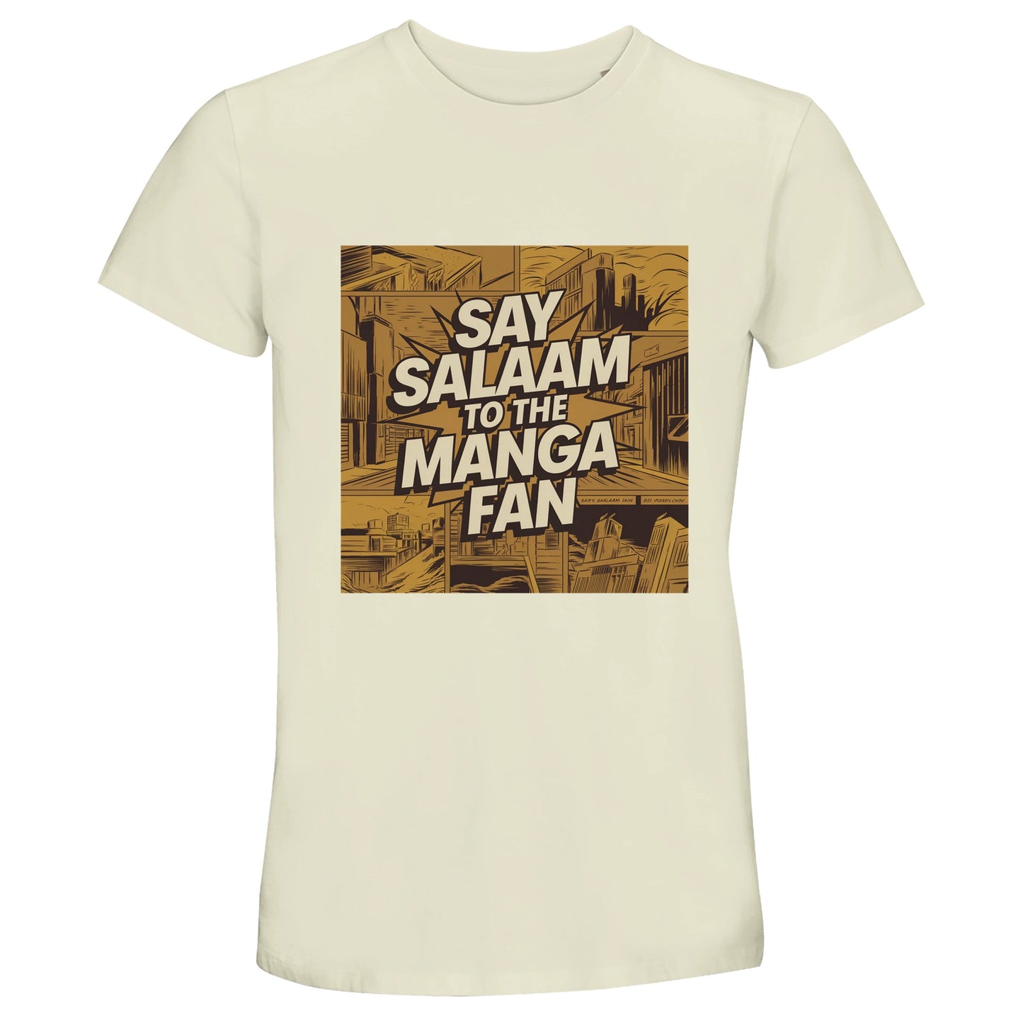 Say Salaam to the Manga Fan Design #2 50% Recycled Unisex Cotton T-Shirt – Natural / Moon Mist / Satin Linen / Beige. This soft, illustrated tee presents a manga-inspired city drawn in golden ink, framed with sharp comic shading and perspective. Across the artwork, bold Salam lettering stands out like a page caption. A modest unisex top for Muslim manga readers who love story-driven visuals and conscious comfort. Smooth, eco-friendly cotton with effortless streetwear appeal and visual depth.