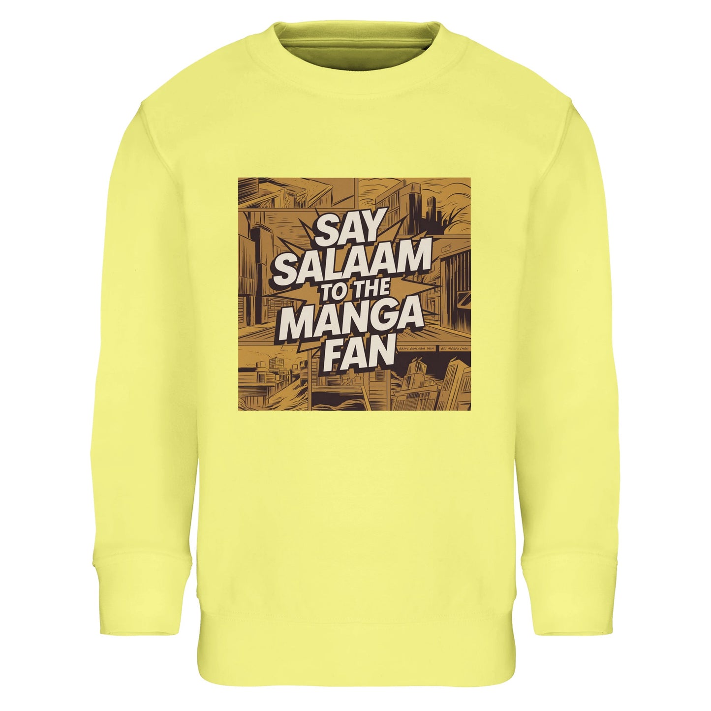 Say Salaam to the Manga Fan Design #2 Part-Recycled Cotton-Poly Kids Sweatshirt – Light Yellow / Lemon Chiffon. Featuring an illustrated manga skyline in golden brown, this kids’ pullover blends comic-book energy with faith-centred expression. Across the city panel, bold Salam lettering jumps like an action frame. Brushed fleece adds warmth, ribbed cuffs and hem keep the fit neat, and soft cotton ensures comfort. For manga-reading afternoons, family outings, or creative play.