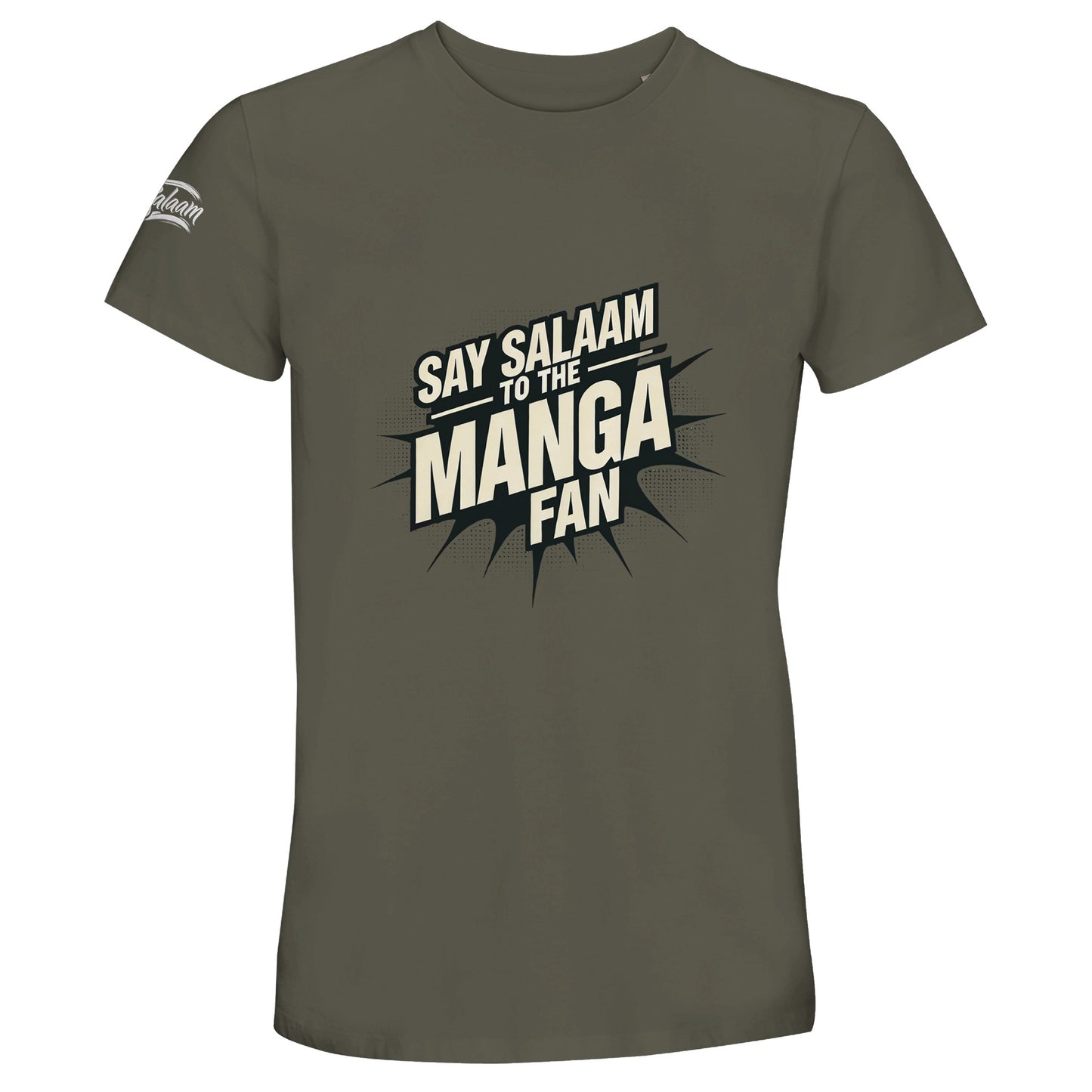 Say Salaam to the Manga Fan Design #3 Recycled Unisex Cotton Tee. Army / Fuscous Grey shirt featuring bold, text-based design in black with a dynamic comic-style explosion. A must-have for anime and manga lovers, including fans of One Piece, One-Punch Man, Bleach, Naruto, Death Note, Dragon Ball, Fullmetal Alchemist, and Akira (and all MangaGo titles). Inspired by Japanese pop culture and sustainable fashion.