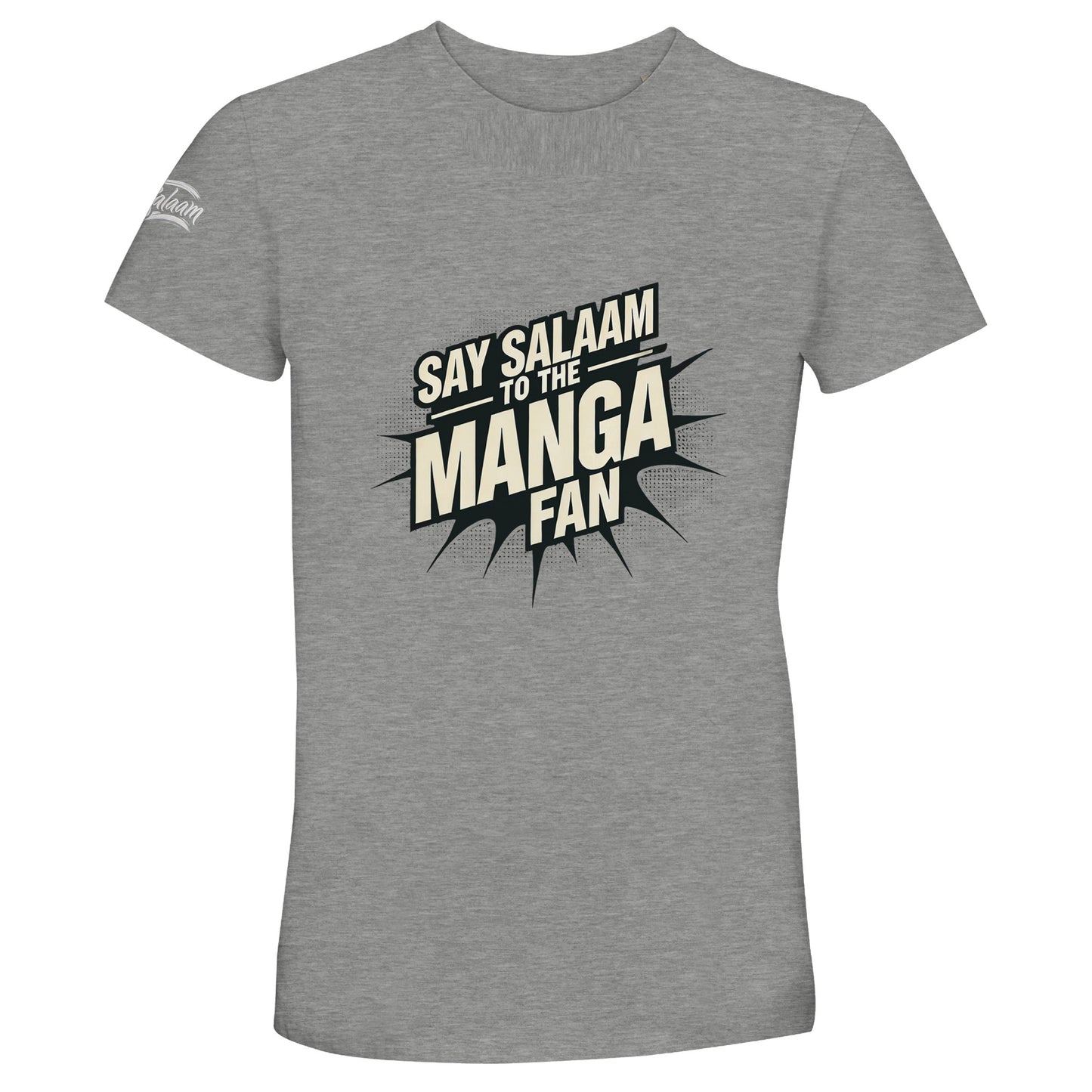 Say Salaam to the Manga Fan Design #3 Recycled Unisex Cotton Tee. Ash / Silver Chalice shirt featuring bold, text-based design in black with a dynamic comic-style explosion. A must-have for anime and manga lovers, including fans of One Piece, One-Punch Man, Bleach, Naruto, Death Note, Dragon Ball, Fullmetal Alchemist, and Akira (and all MangaGo titles). Inspired by Japanese pop culture and sustainable fashion.