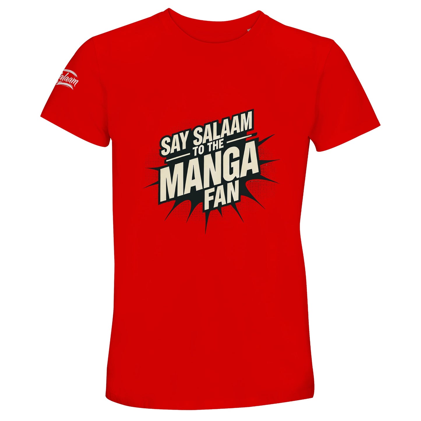 Say Salaam to the Manga Fan Design #3 Recycled Unisex Cotton Tee. Bright Red / Rosso Corsa shirt featuring bold, text-based design in black with a dynamic comic-style explosion. A must-have for anime and manga lovers, including fans of One Piece, One-Punch Man, Bleach, Naruto, Death Note, Dragon Ball, Fullmetal Alchemist, and Akira (and all MangaGo titles). Inspired by Japanese pop culture and sustainable fashion.