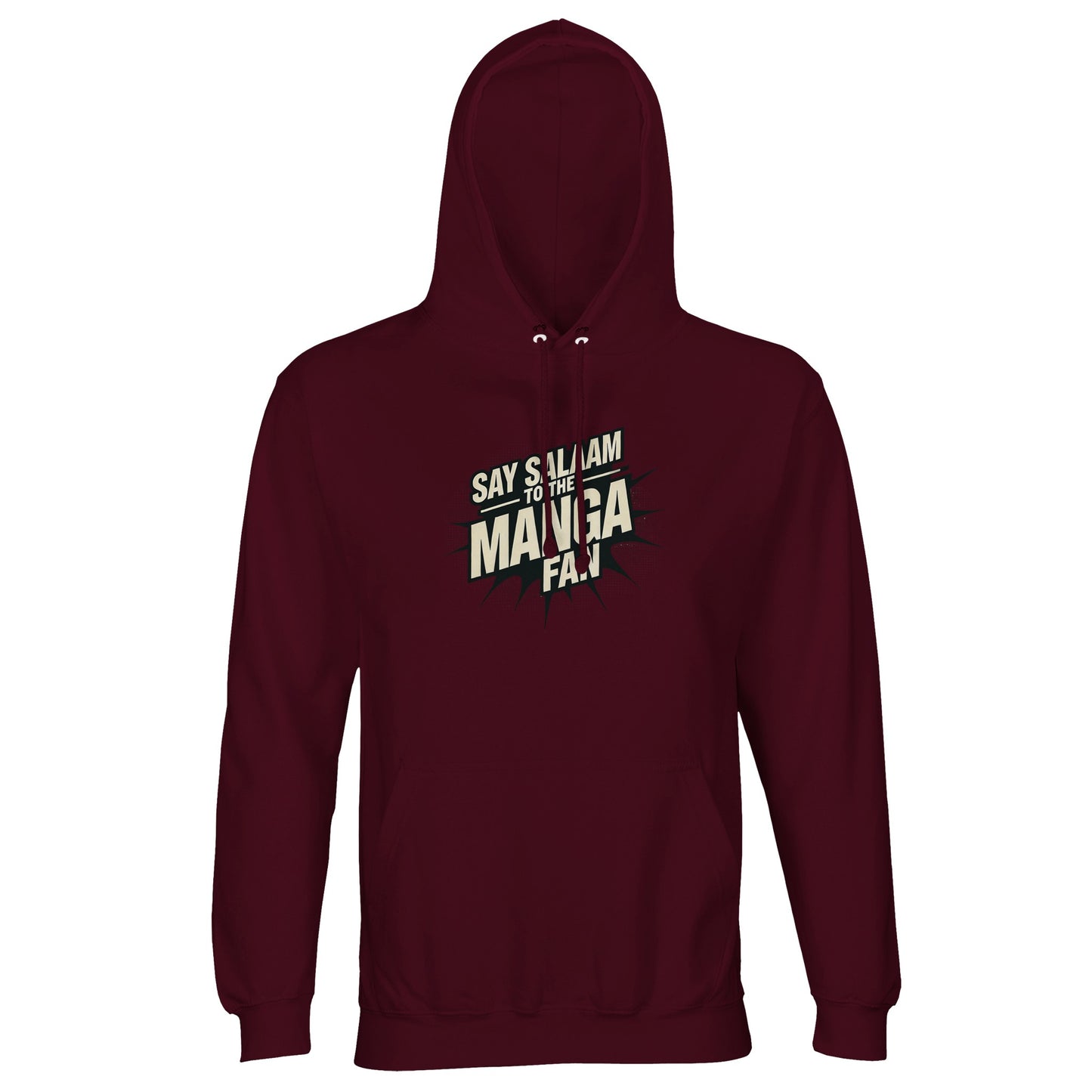 Say Salaam to the Manga Fan Design #3 Part-Recycled Unisex Cotton-Poly Hoodie (dark) – Burgundy / Dark Sienna with refined manga logotype on a rich night-shade base. Built for Muslim readers. The unisex pullover brings steady warmth and everyday comfort without loud branding — just Salam, style and storylines. Good value for long seasons of wear, ideal for birthdays or Eid; a quiet classic for manga lovers who like their fashion as considered as their canon.