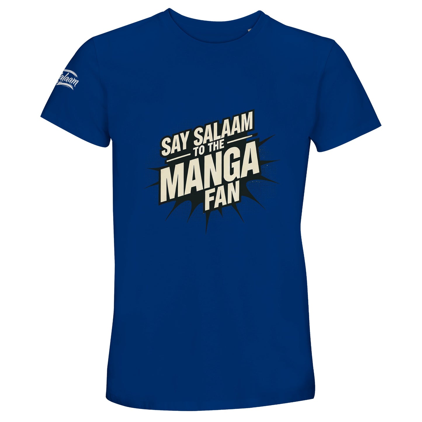 Say Salaam to the Manga Fan Design #3 Recycled Unisex Cotton Tee. Royal Blue / Dark Midnight Blue shirt featuring bold, text-based design in black with a dynamic comic-style explosion. A must-have for anime and manga lovers, including fans of One Piece, One-Punch Man, Bleach, Naruto, Death Note, Dragon Ball, Fullmetal Alchemist, and Akira (and all MangaGo titles). Inspired by Japanese pop culture and sustainable fashion.