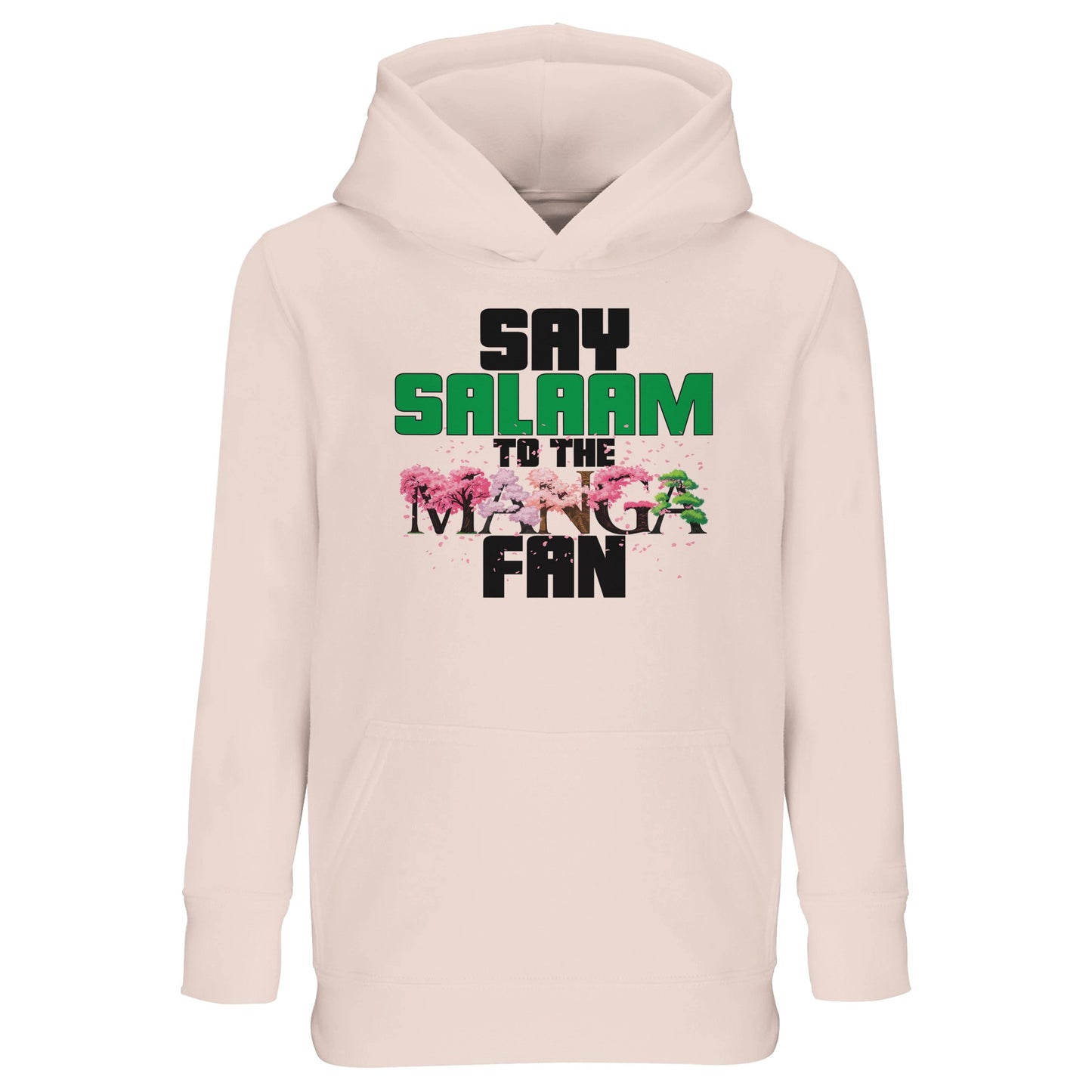 Say Salaam to the Manga Fan Original Kids Part-Recycled Cotton-Poly Hoodie – Creamy Pink / Oyster Pink with cherry and black manga tree text designed for younger anime fans. Modest, soft, and made for Muslim youngsters who love reading MangaGo in a hooded jumper or watching Naruto, One Piece and Bleach. A sustainable gift for girls or boys into halal cosplay or Islamic-friendly pop culture fashion. Sweet, spirited and comfortable – this is mini streetwear with a mighty message and a kawaii cultural edge.