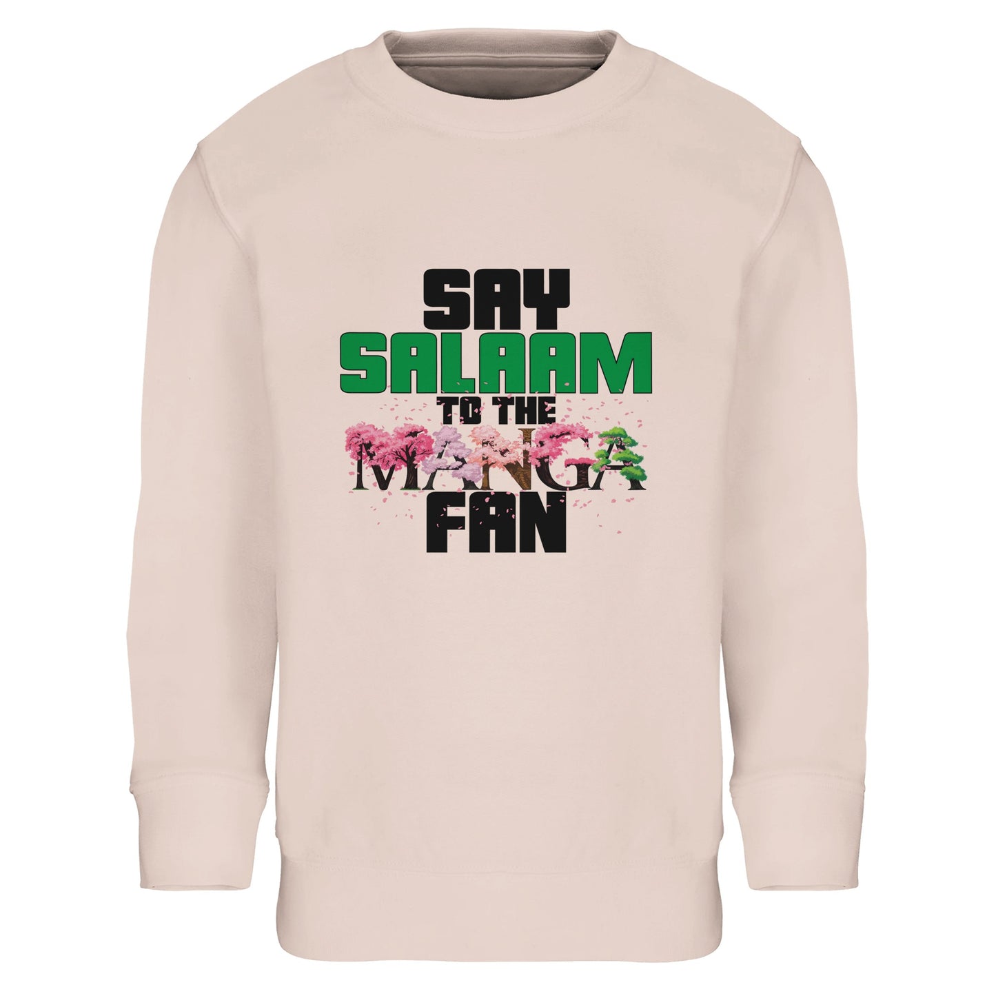 Say Salaam to the Manga Fan Original Kids Part-Recycled Cotton Sweatshirt – Creamy Pink / Oyster Pink with dynamic black and cherry manga-style tree text. Made for young fans of MangaGo, Naruto, Bleach and One Piece who love modest fashion with meaning. A soft, sustainable jumper or pullover for girls and boys who cosplay, read Japanese comics, or just love kawaii anime vibes. Islamic hello energy in every stitch – perfect for school, Eid gifts, birthdays or Friday family hangouts in panel-perfect comfort.
