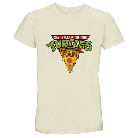 Say Salaam to the Turtles Fan Pizza Design #1 50% Recycled Unisex Cotton T-Shirt – Natural / Cream Sand with the classic Teenage Mutant Ninja Turtles pizza slice logo in green and yellow. Inspired by Nickelodeon’s TMNT movie and the original Mirage comic art, it’s a modest, unisex short-sleeve top for eco-aware fans. Not the Primark TMNT Pizza Hut shirt — this light, breathable cotton tee keeps 90s nostalgia alive for anyone quoting Splinter or replaying the heroes in a half-shell movies.