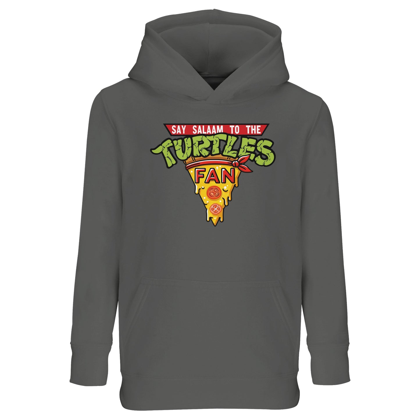 Say Salaam to the Turtles Fan Pizza Design #1 Part-Recycled Cotton-Poly Kids Hoodie – Grey Melange / Classic Athletic Grey with green TMNT logo and cheese-dripping slice. A Nickelodeon Teenage Mutant Ninja Turtles movie favourite celebrating Michelangelo’s humour and Donatello’s brains. Not the Primark TMNT Pizza Hut hoodie — modest brushed fleece that’s soft, durable and fairly priced for young fans bingeing TMNT movies, swapping Mirage comic facts and planning pizza nights with the whole half-shell crew.