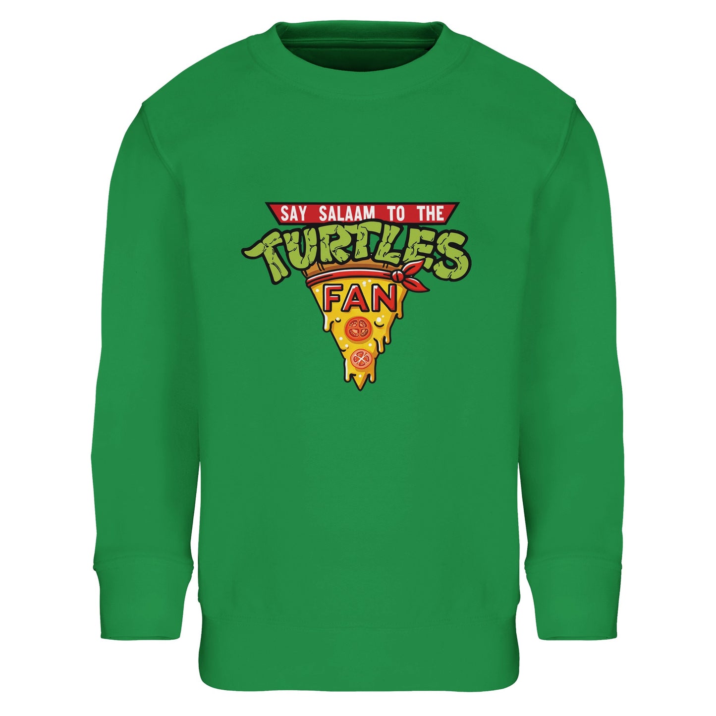 Say Salaam to the Turtles Fan Pizza Design #1 Part-Recycled Cotton-Poly Kids Sweatshirt – Kelly Green / Pitchside Mint with the bold TMNT pizza crest. Inspired by the Nickelodeon Teenage Mutant Ninja Turtles movie, it highlights Raphael’s attitude, Michelangelo’s fun and Leonardo’s leadership. Not the Primark TMNT Pizza Hut sweatshirt — this modest, fairly priced fleece is unisex, sustainable and ideal for kids who dream of pizza parties, ninja teamwork and 90s cartoons.