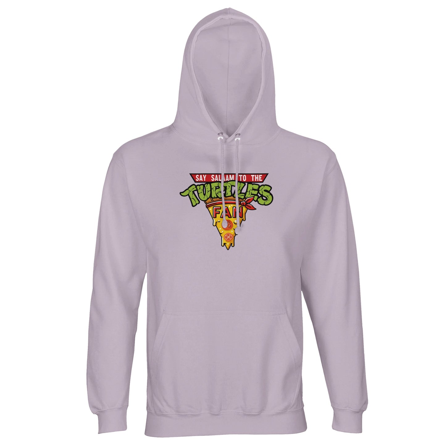 Say Salaam to the Turtles Fan Pizza Design #1 Part-Recycled Unisex Cotton-Poly Hoodie – Lilak / Lilac / Purple Haze with green ‘best pizza slice crest’. Inspired by Nickelodeon’s Teenage Mutant Ninja Turtles movie and series, this brushed-fleece hoodie celebrates Donatello’s intellect and Raphael’s strength. Not the Primark TMNT Pizza Hut hoodie, but a modest, recycled, unisex piece blending eco streetwear and 90s nostalgia for shell-loving fans who still quote Splinter and cherish pizza nights.