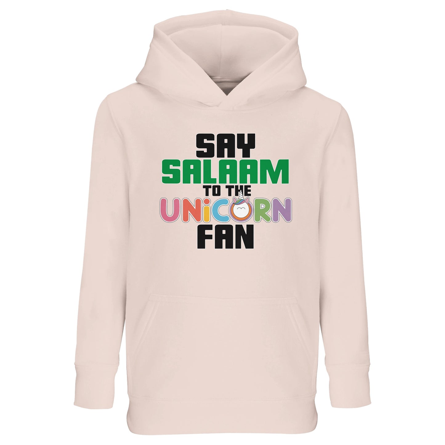 Say Salaam to the Unicorn Fan Original Kids Hoodie – Creamy Pink / Oyster Pink featuring soft bubble-lettered ‘UNICORN’ text and a kawaii cartoon horned face. This pastel cotton-poly hoodie is built for modest, colour-loving children who draw unicorns, daydream in sparkles, or love bedtime magic and ‘Thelma the Unicorn’ toys. For Muslim girls (or boys) who prefer wearable fantasy cuteness. A sweet gift for birthdays, Eid or stylish school days - comfy, playful, and made for unicorn-style Islamic greetings.