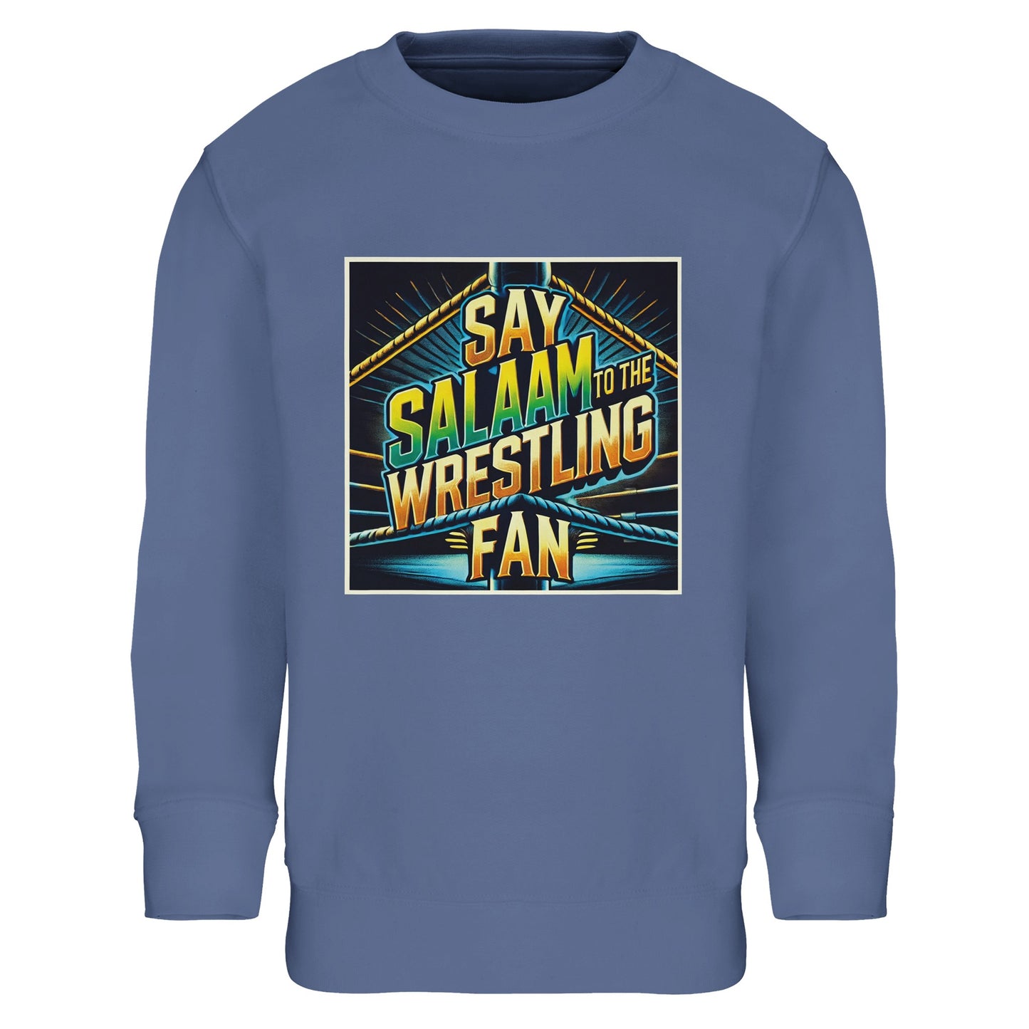 Say Salaam to the Wrestling Fan Design #1 Part-Recycled Cotton-Poly Kids Sweatshirt – Blue / Marble Blue / Waikawa Grey featuring bold squared-ring graphics with bright wrestling flair. A soft and durable pullover designed for modest Muslim kids who enjoy the sport’s spirit of energy and respect. The cotton-poly blend provides warmth and comfort for everyday use. Easy to wash, long-lasting and great value, this long-sleeved top pairs effortlessly with jeans or joggers for daily wear.