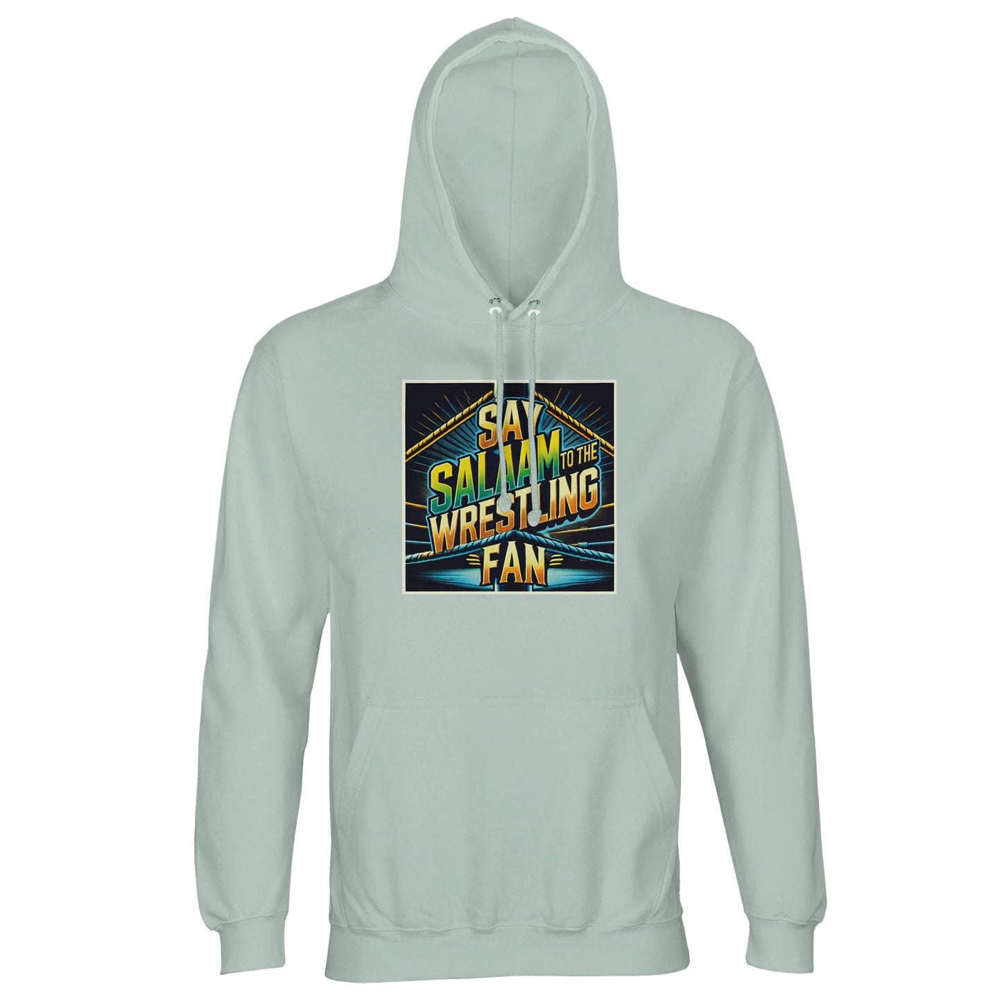 Say Salaam to the Wrestling Fan Design #1 Part-Recycled Unisex Cotton-Poly Hoodie (light) – Creamy Green / Greenish Grey featuring a retro squared-ring print in yellow, teal and blue. Designed for modest Muslim wrestling fans who follow sports and faith. The eco-friendly brushed fleece keeps it soft and substantial, ideal for cool weather or daily wear. Ethically priced, and culture-driven, this hooded top connects modesty and motion — sustainable style for every believer who still loves a title bout.