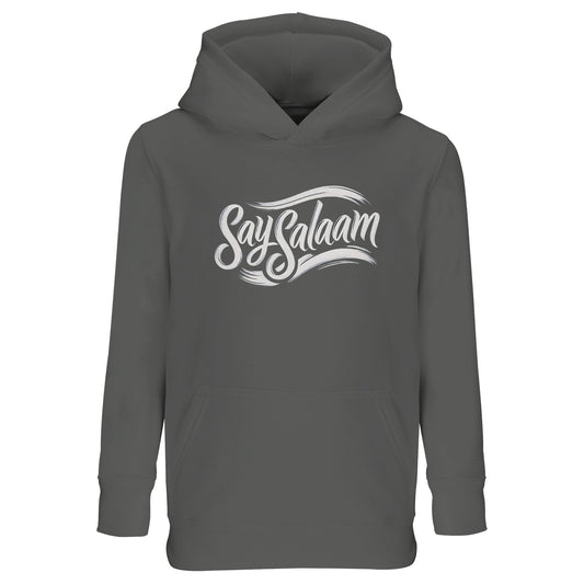 Say Salaam Classic Part-Recycled Cotton-Poly Kids Hoodie in Grey Melange. Deep green-grey hoodie with bold white Say Salaam script logo centred on the chest. A modest Muslim kids hoodie blending classic sportswear energy with peaceful messaging. Vintage-inspired script illustration gives it that timeless megastore feel while staying rooted in contemporary street style. Ideal for layering in cooler weather.