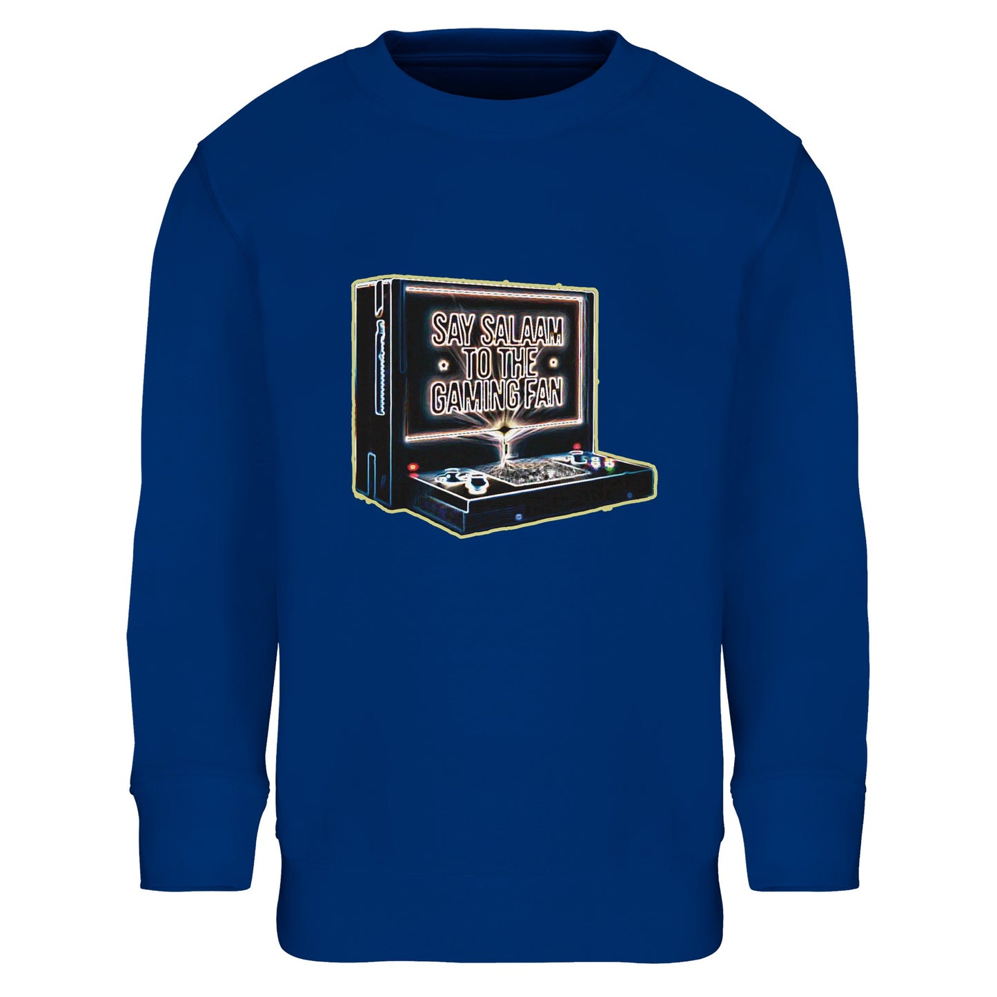 Say Salaam to the Gaming Fan Design #3 Part-Recycled Cotton-Poly Kids Sweatshirt in Royal Blue / Dark Midnight Blue. This Muslim and Islamic gaming jumper blends 80% cotton and 20% recycled polyester for breathable warmth and long-lasting wear. Brushed fleece lining keeps young gamers comfortable from classroom to console. A modest, faith-friendly crewneck for esports fans and arcade enthusiasts seeking bold blue tones, durable stitching and easy-care fabric at a good price.