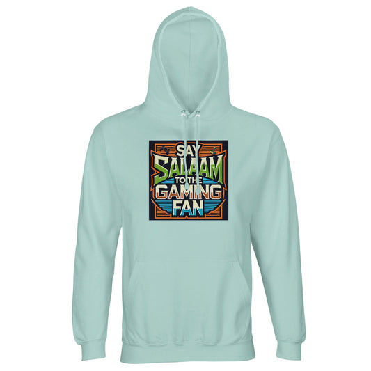 Arctic Blue / Cadet Blue Islamic unisex hoodie featuring Say Salaam to the Gaming Fan Design #1 graphic. Muslim gaming streetwear built from 80% cotton and 20% recycled polyester with brushed fleece lining and structured 280gsm feel. Sustainable modest hoodie for esports stages, console battles, PC streaming setups and Muslim community events. Unites Islamic identity and gaming culture, created for players who begin matches with salaam across online and offline worlds.
