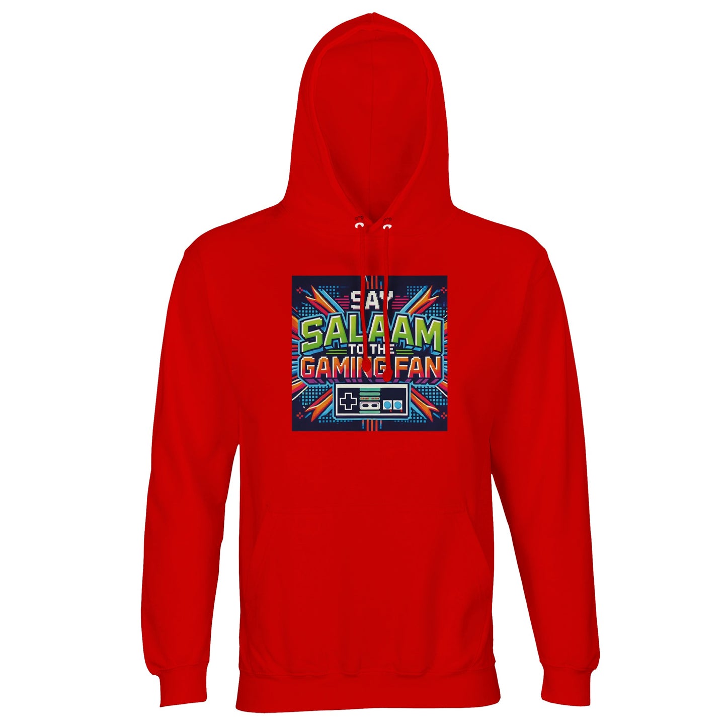 Bright Red / Rosso Corsa hoodie carrying the striking Say Salaam to the Gaming Fan Design #2 print. Created for Muslim gamers who greet opponents with peace before competition, this Islamic-inspired hoodie jumper uses 80% cotton and 20% recycled polyester with brushed fleece lining for comfort. Great for tournaments, campus wear, mosque youth nights or relaxed streetwear. A bold, modest Islamic gaming hoodie jumper at a great price, durable, expressive and culture-driven.