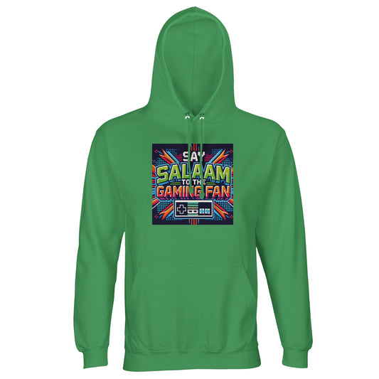 Spring Green / Sea Green / Eucalyptus hoodie with Say Salaam to the Gaming Fan Design #2, created for Muslim gaming culture rooted in peace and respect. This cotton-poly jumper uses an 80% cotton, 20% recycled polyester blend with brushed fleece interior for lasting comfort. Designed for gamers, students and content creators, it works for tournaments, mosque visits, youth groups and everyday wear. A modest Islamic streetwear hoodie jumper at a great price, combining ethical fabric and bold gamer identity.