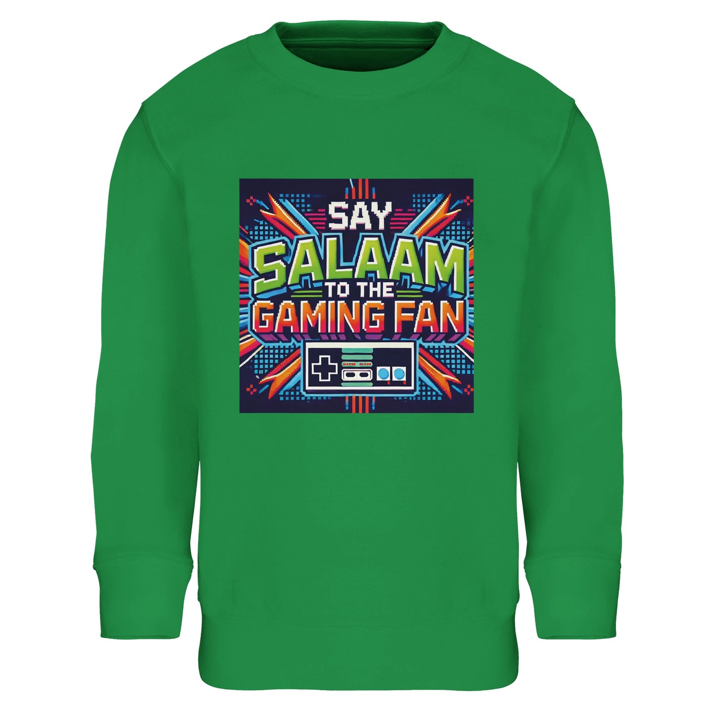 Kelly Green / Greenish Grey / Creamy Green Islamic kids sweatshirt featuring Say Salaam to the Gaming Fan Design #2 graphic. Muslim gamer streetwear made from 80% cotton and 20% recycled polyester with brushed fleece interior for cosy performance. Sustainable modest clothing for esports tournaments, gaming clubs, console battles and Muslim youth gatherings. Bright athletic energy with durable ribbed finish, celebrating Islamic identity in online communities and offline play.