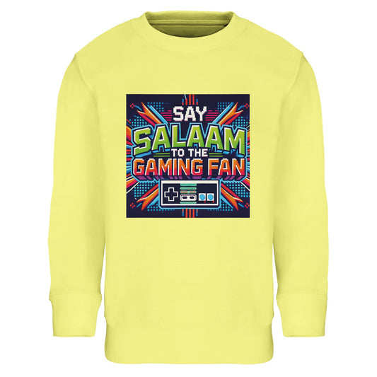Light Yellow / Lemon Chiffon Islamic kids sweatshirt featuring Say Salaam to the Gaming Fan Design #2 graphic. Muslim gaming apparel crafted from 80% cotton and 20% recycled polyester with soft brushed fleece lining for everyday warmth. Eco-friendly modest sweatshirt ideal for esports practice, console gaming, school tech events and Islamic youth activities. A cheerful colourway that keeps the look playful while the message stays rooted in salaam.