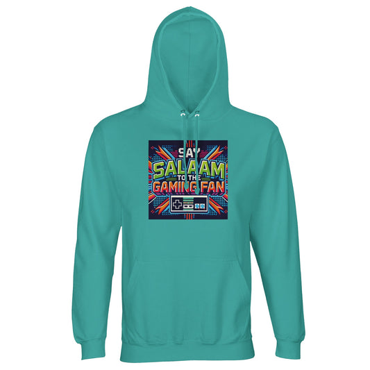 Pool Blue / Light Sea Green Islamic unisex hoodie featuring Say Salaam to the Gaming Fan Design #2 graphic. Muslim gaming streetwear crafted from 80% cotton and 20% recycled polyester with brushed fleece lining, 280gsm structure. Sustainable modest hoodie for esports tournaments, console gaming, PC streaming and Muslim youth events. Blends Islamic identity and gaming culture, ideal for players who greet with salaam in online and offline competitive spaces.