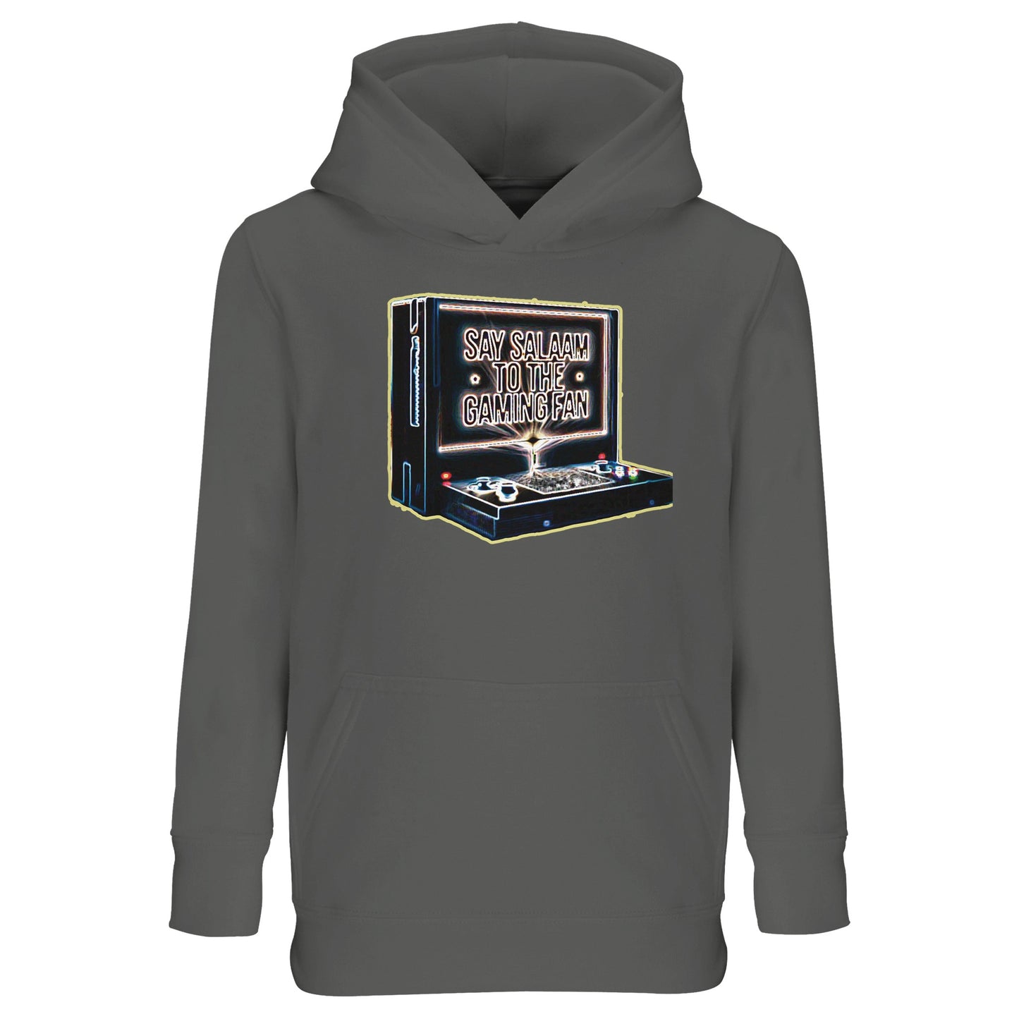 Grey Melange / Heather Grey / Marl Grey / Classic Athletic Grey Blend – Say Salaam to the Gaming Fan Design #3 Part-Recycled Cotton-Poly Kids Hoodie in Grey Melange / Heather Grey / Marl Grey / Classic Athletic Grey Blend. A versatile Muslim and Islamic hoodie for young gaming fans. Crafted from cotton and recycled polyester with brushed fleece for warmth and everyday durability. Ideal for school, weekend matches, youth gaming nights and community events, reflecting esports culture & positive Islamic spirit
