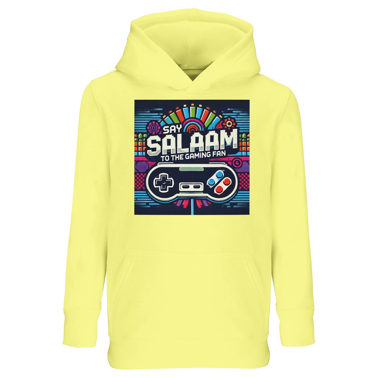 Say Salaam to the Gaming Fan Design #4 Part-Recycled Cotton-Poly Kids Hoodie in Light Yellow / Lemon Chiffon. A bright jumper for energetic children who bring Muslim enthusiasm to every online match and console session. Brushed fleece fabric keeps them cosy through FIFA games and streaming nights. Made from a durable cotton and recycled polyester blend for long-lasting wear. Excellent value price for parents seeking affordable Islamic youth gaming fashion with warmth, comfort and standout colour.