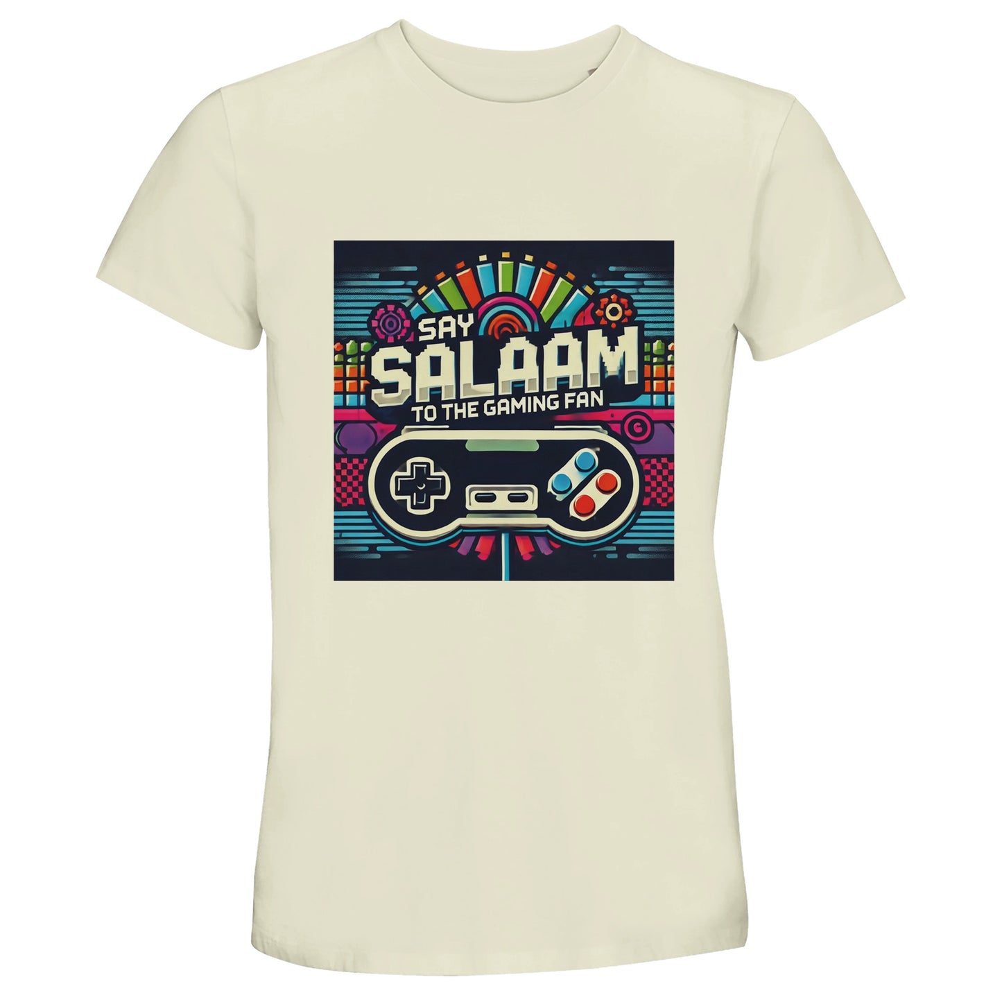 Natural / Moon Mist / Satin Linen / Beige unisex short-sleeve cotton T-shirt showcasing the Say Salaam to the Gaming Fan Design artwork in retro console colours with vintage arcade typography and classic controller detail. Ideal for Muslim gamers enjoying multiplayer matches, PlayStation tournaments, Xbox battles, FIFA leagues and COD nights, this modest wear essential pairs Islamic expression with gaming passion. A soft, versatile tee from a Muslim clothing brand linking faith, 5 pillars and digital play.